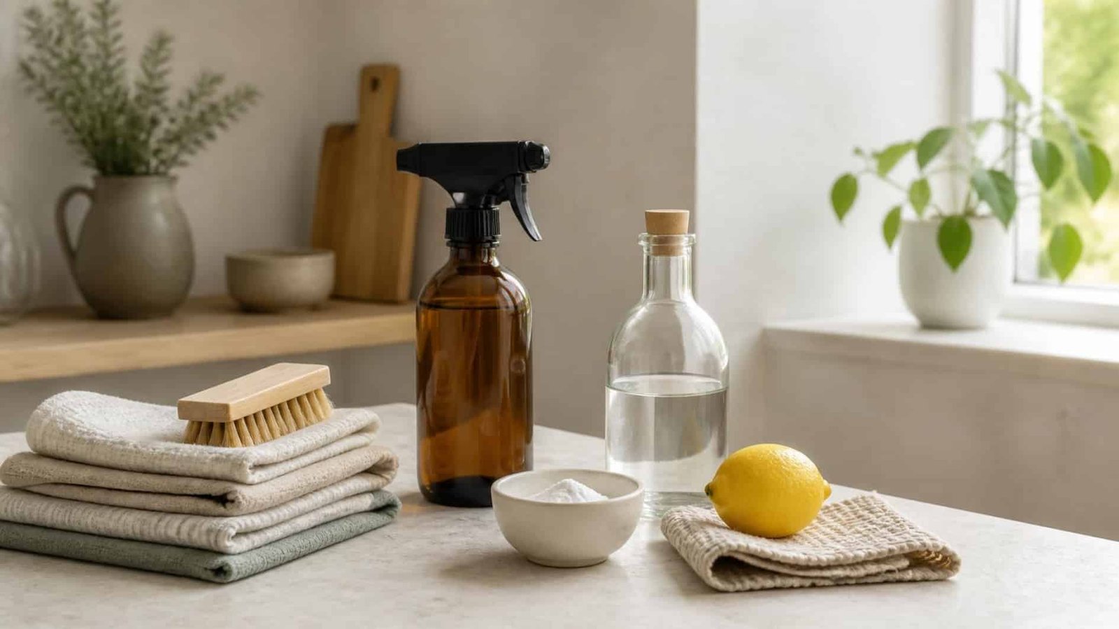 Natural cleaning products with reusable cloths and simple household ingredients in a refined utility space