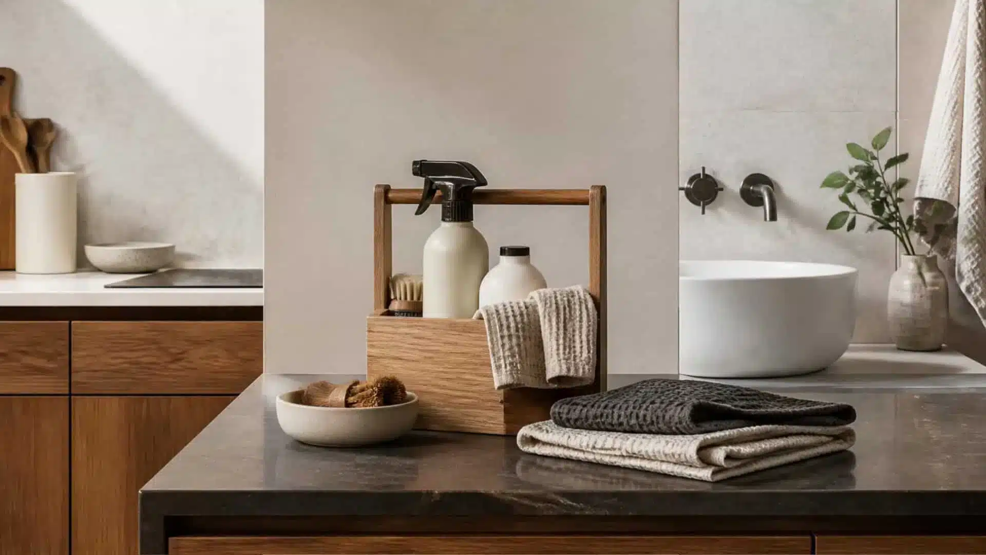 Compact natural cleaning kit positioned between kitchen and bathroom areas