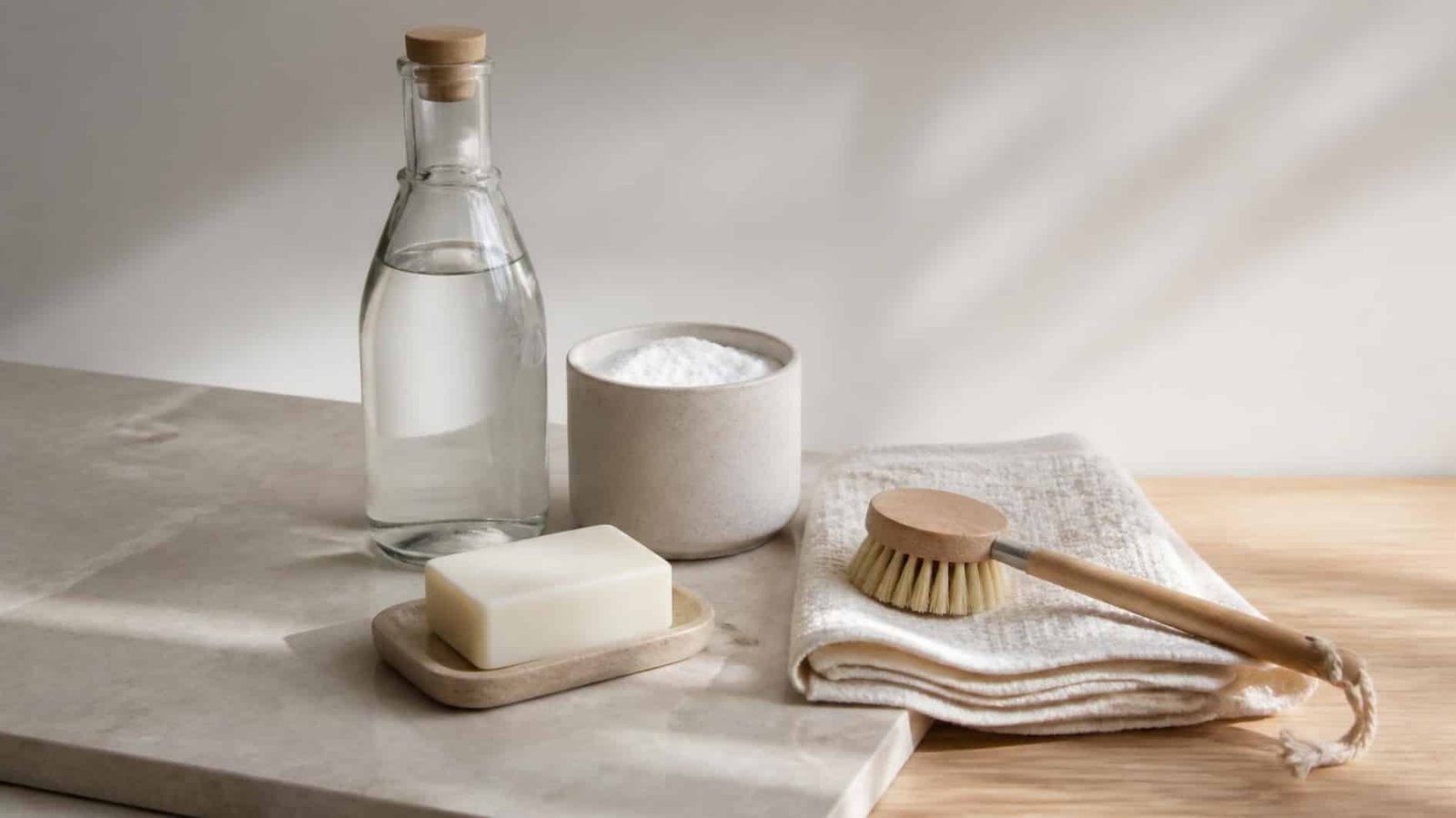White vinegar, bicarbonate of soda, soap, reusable cloth and brush arranged on stone and timber