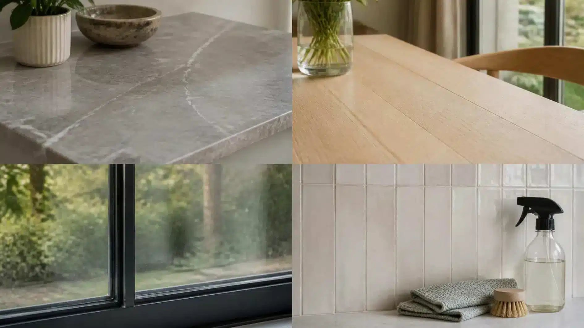 Stone, timber, glass and ceramic surfaces arranged with a small natural cleaning kit
