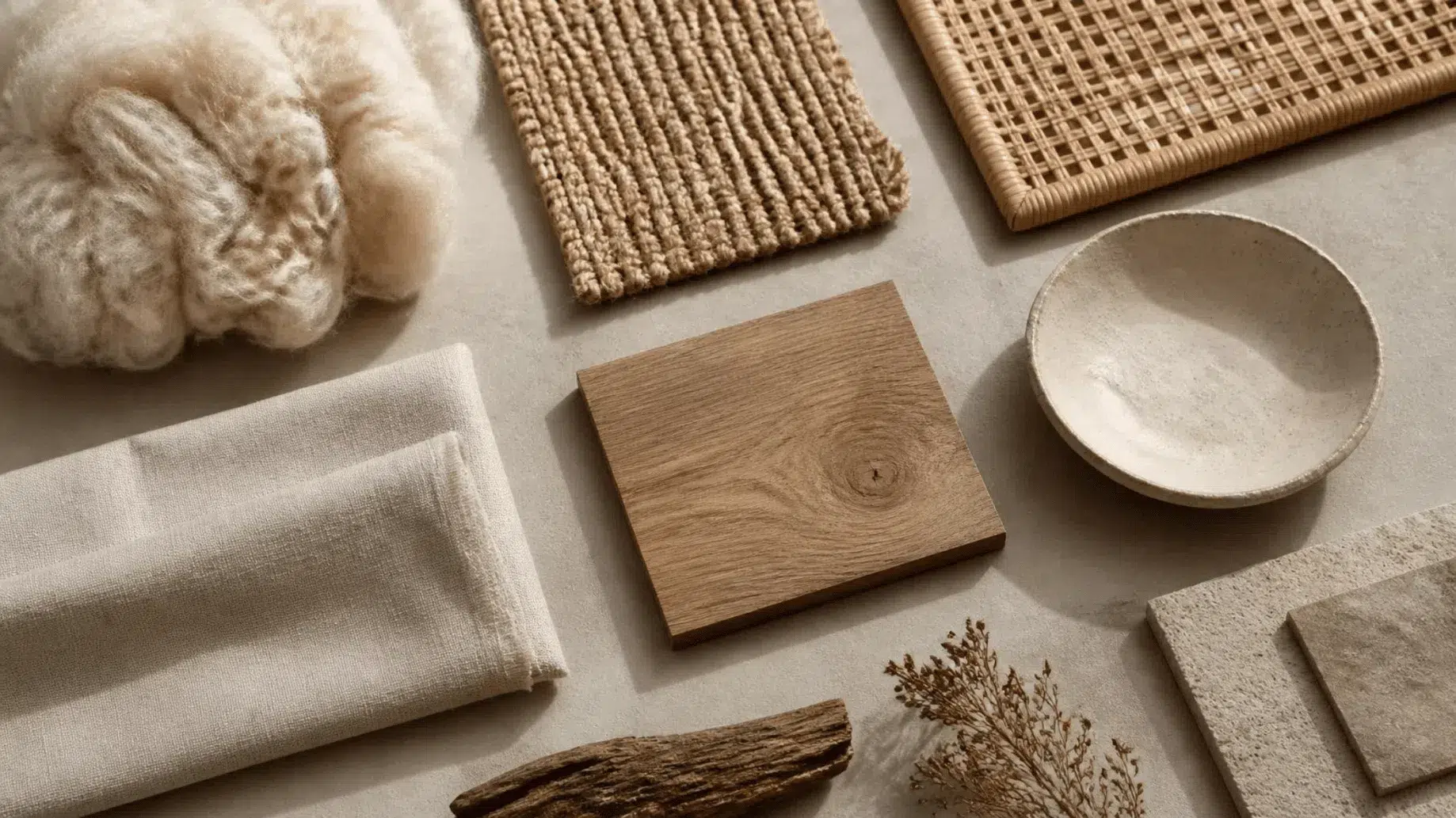 Material samples showing wool, linen, woven jute, natural rattan, timber and ceramic surfaces