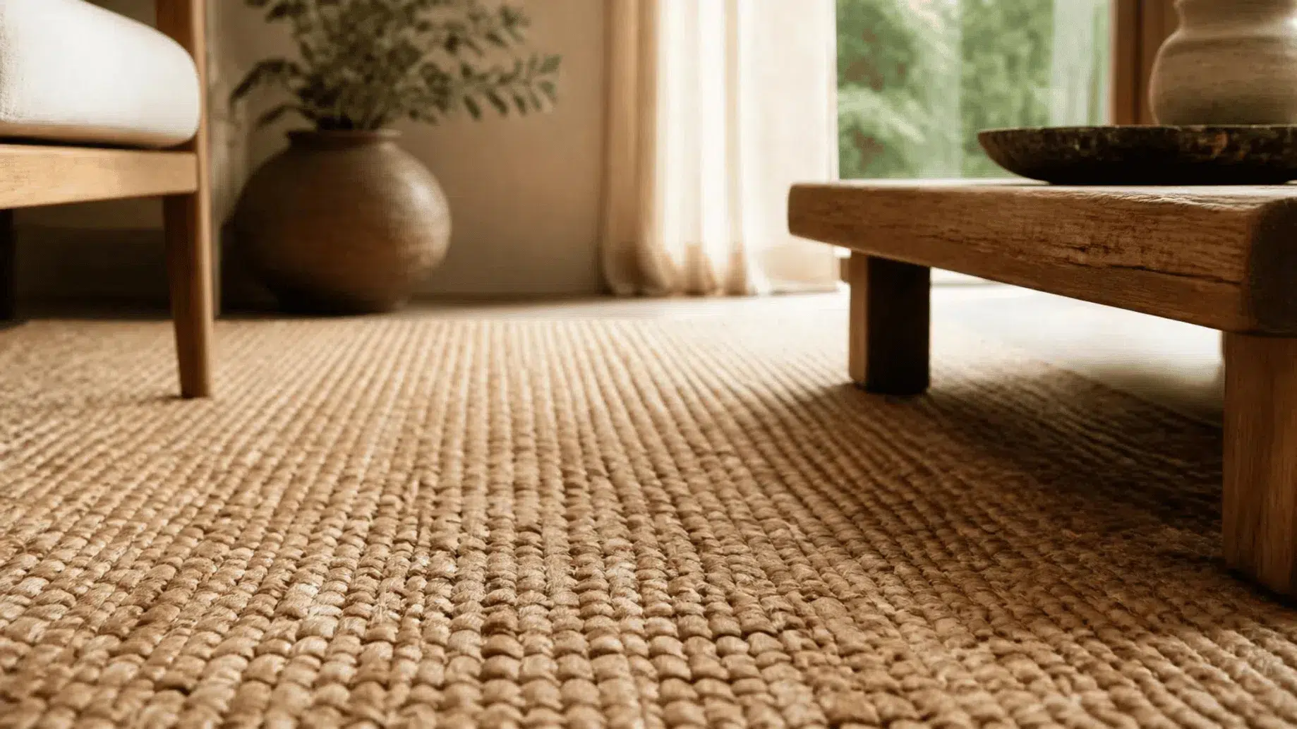 Close view of a natural woven jute rug on warm timber flooring beside simple living-room furniture