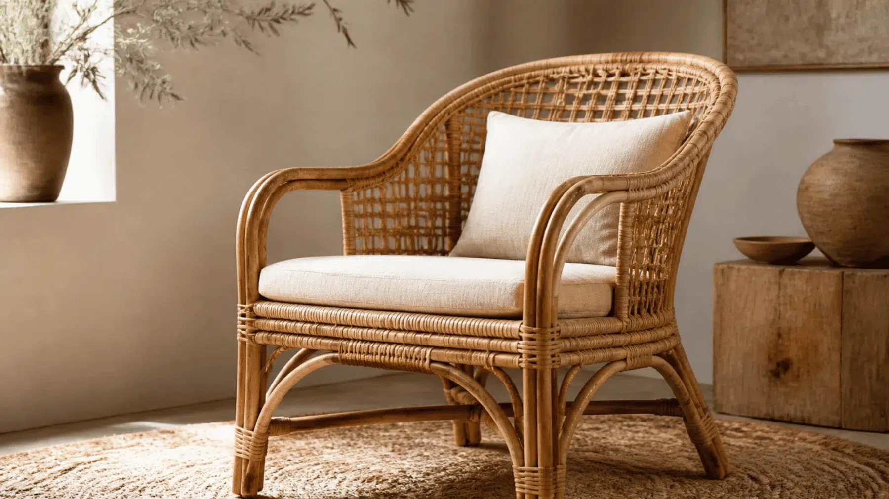 Natural rattan armchair with visible cane weaving and timber frame in a softly lit British interior