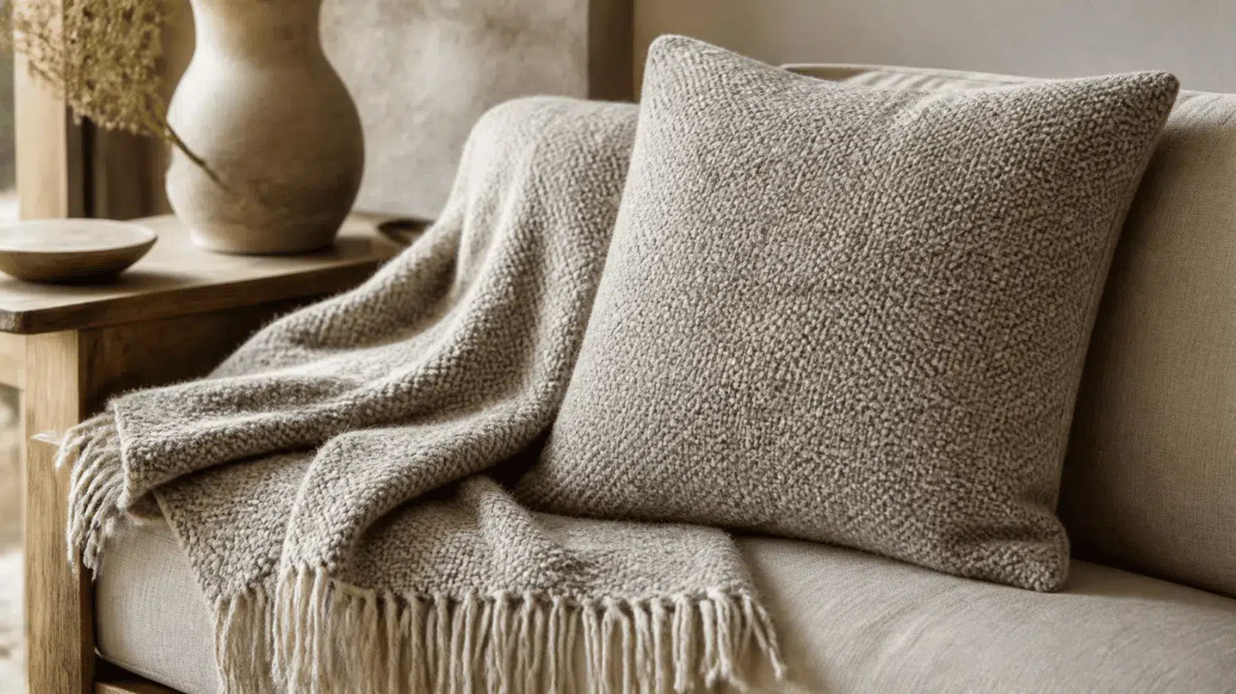 Textured natural wool throw and cushions in cream and oatmeal shades on a simple upholstered sofa