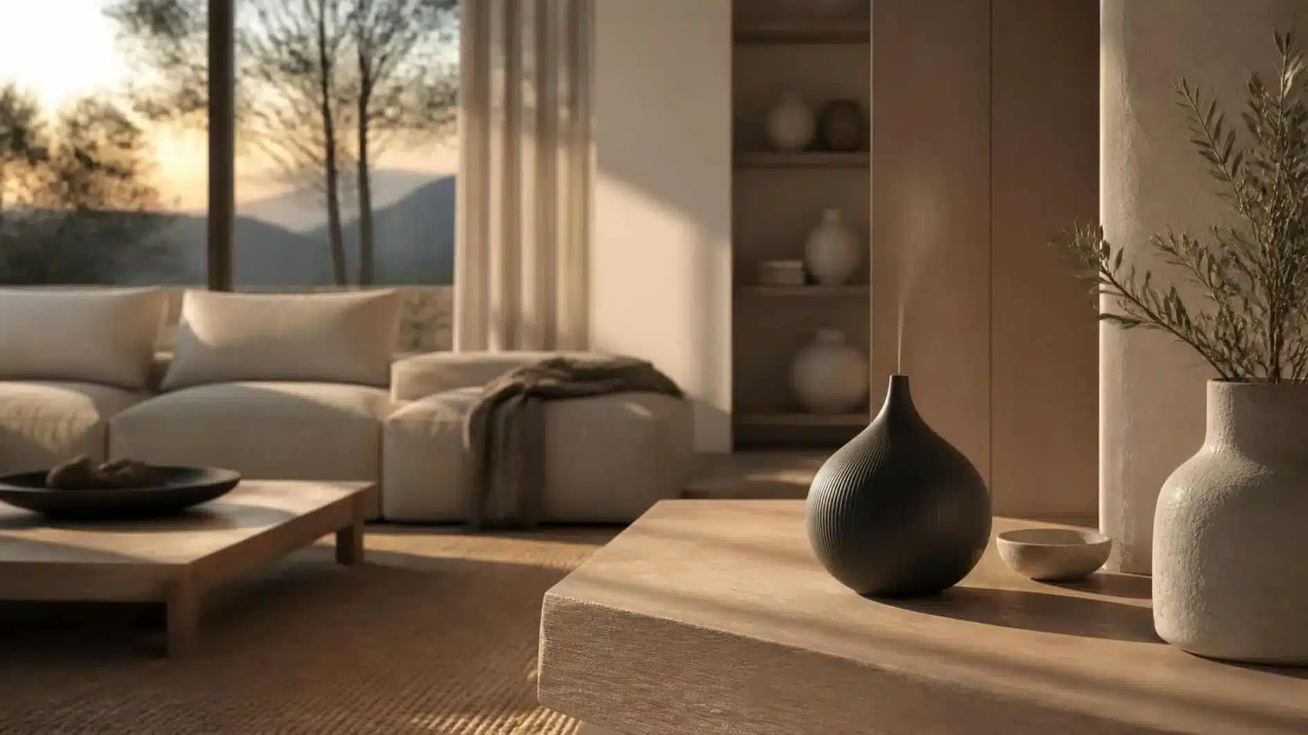 Small oil diffuser operating gently in an airy sitting room with restrained visible mist