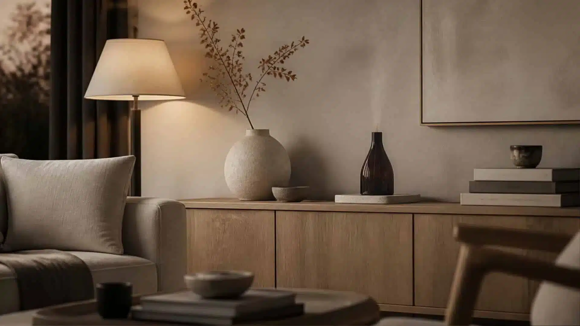 Oil diffuser releasing a subtle mist from a timber console in a calm living room