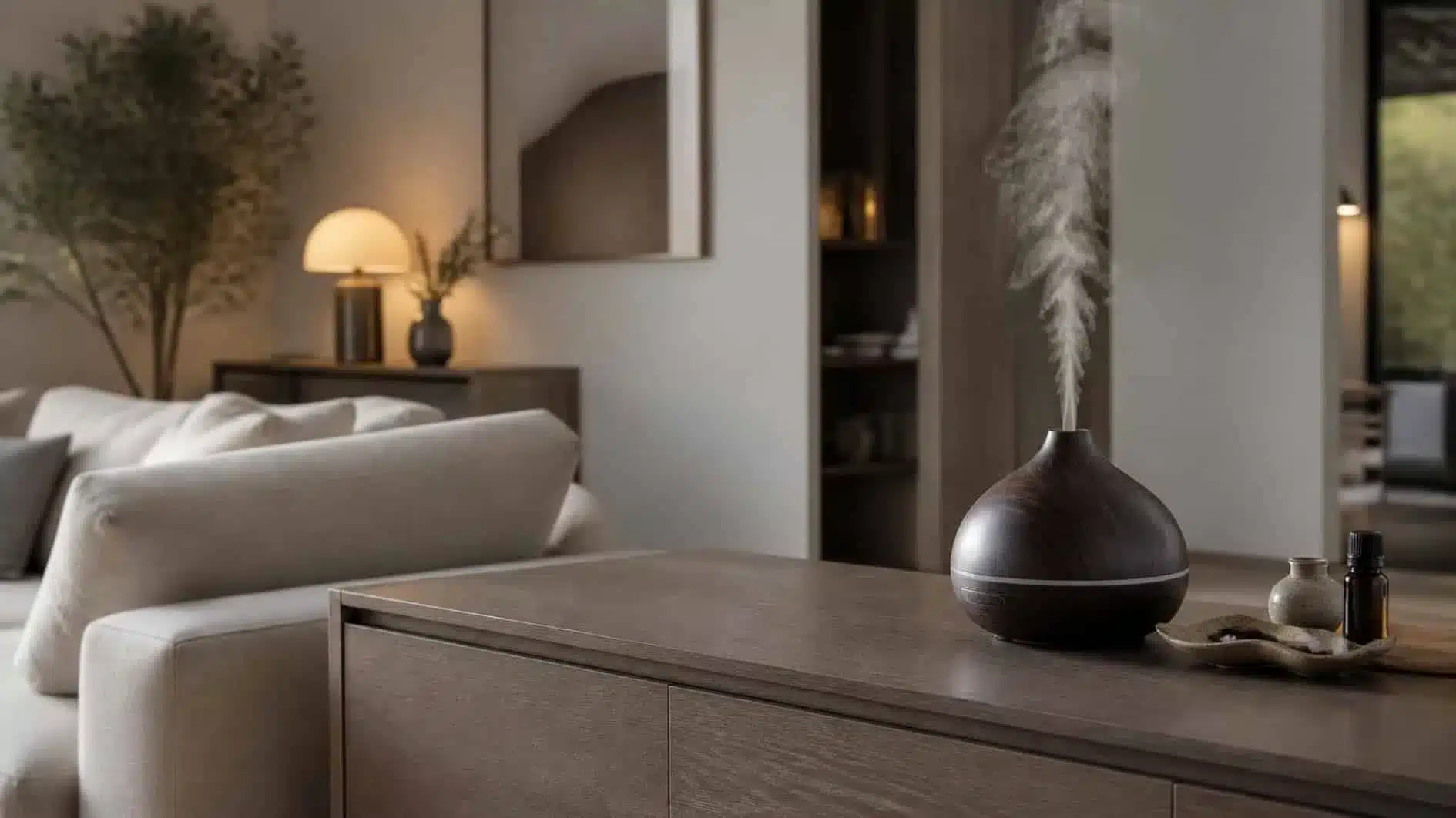 Oil diffuser positioned on a console with open airflow away from curtains and artwork