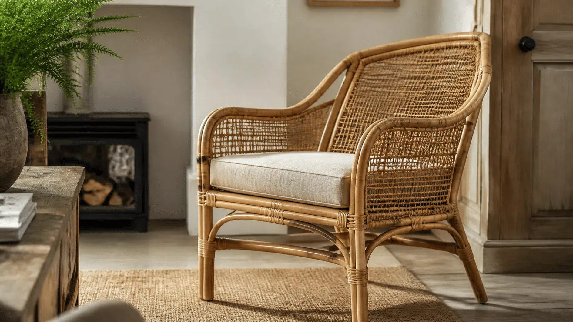 Sturdy rattan armchair showing woven seat, curved armrests and supporting frame joints