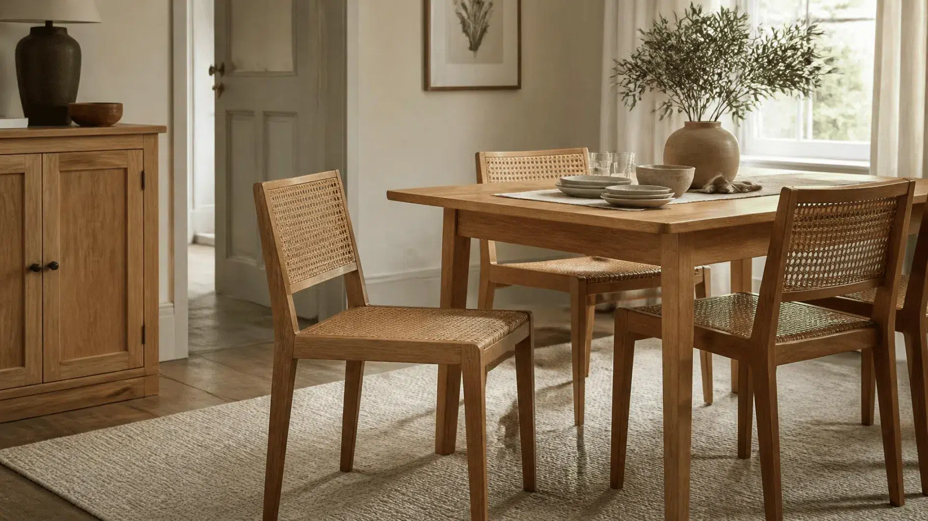 Natural cane dining chair with timber frame in a softly lit British dining room
