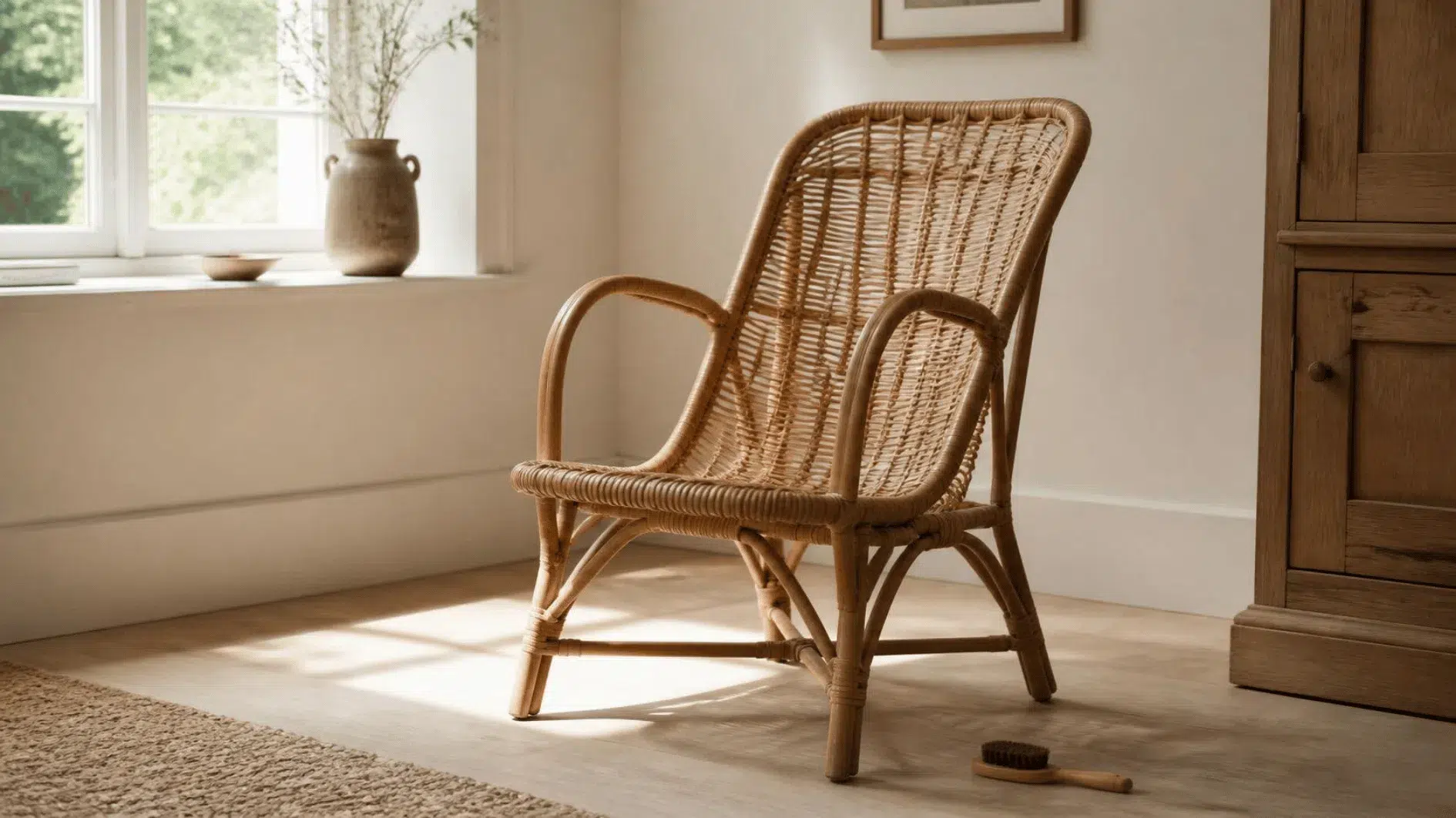 Natural rattan armchair placed in a dry living room with soft dusting brush nearby