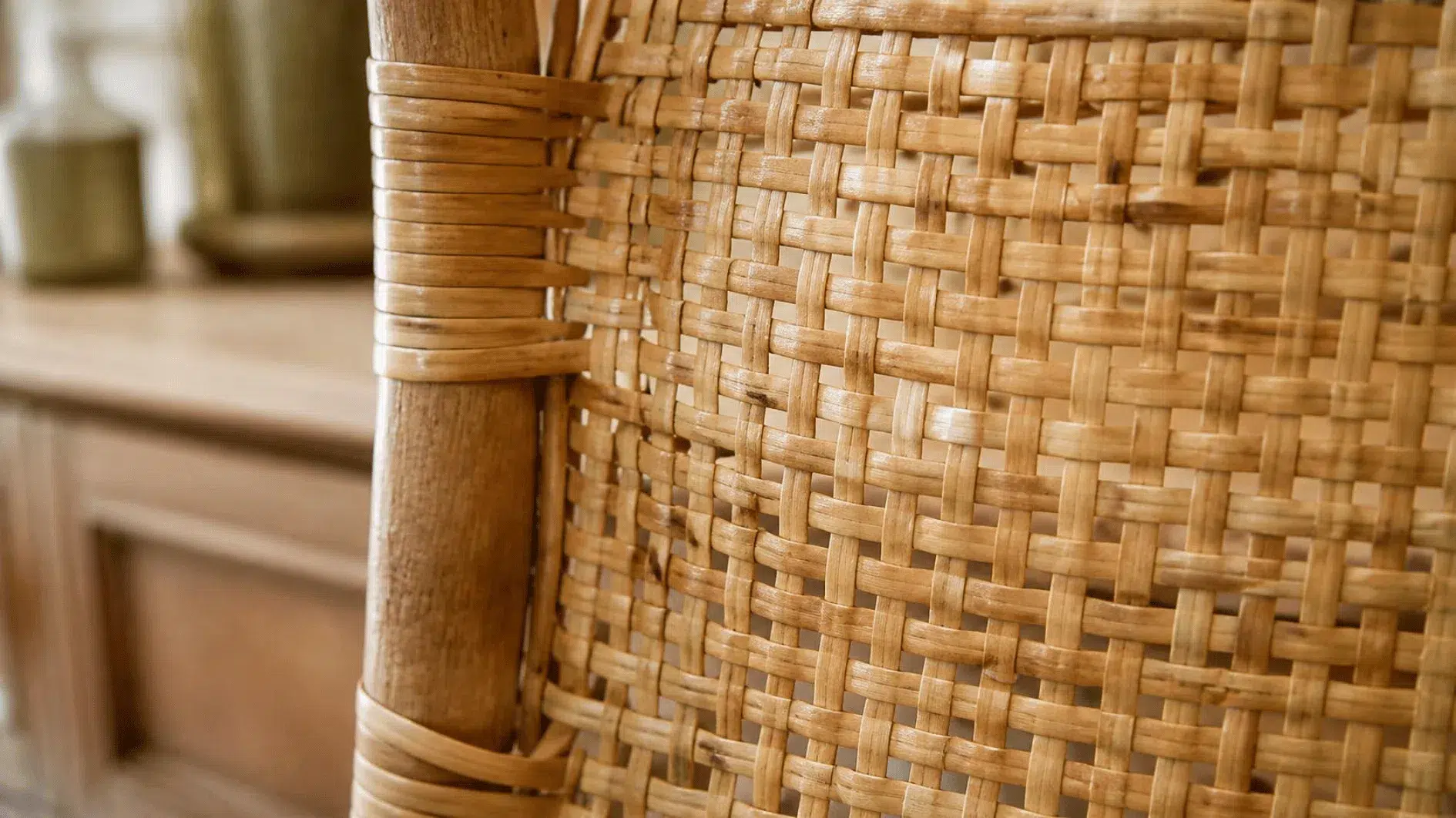 Close-up of natural cane and rattan strands showing traditional woven construction