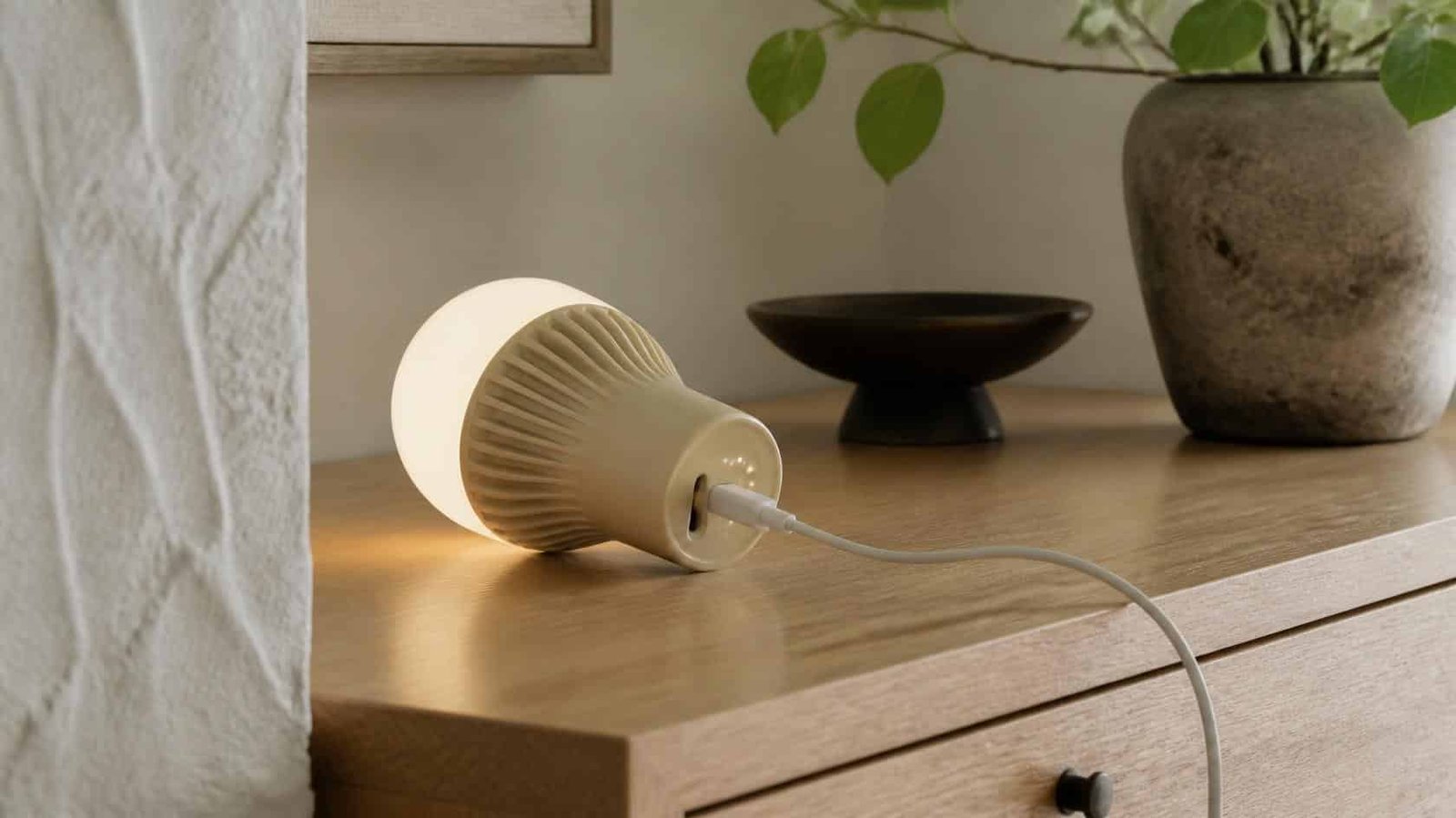 Battery-Operated Light Bulbs: Where Cordless Lighting Is Most Useful 5 Rechargeable light source charging with a discreet cable on a timber console