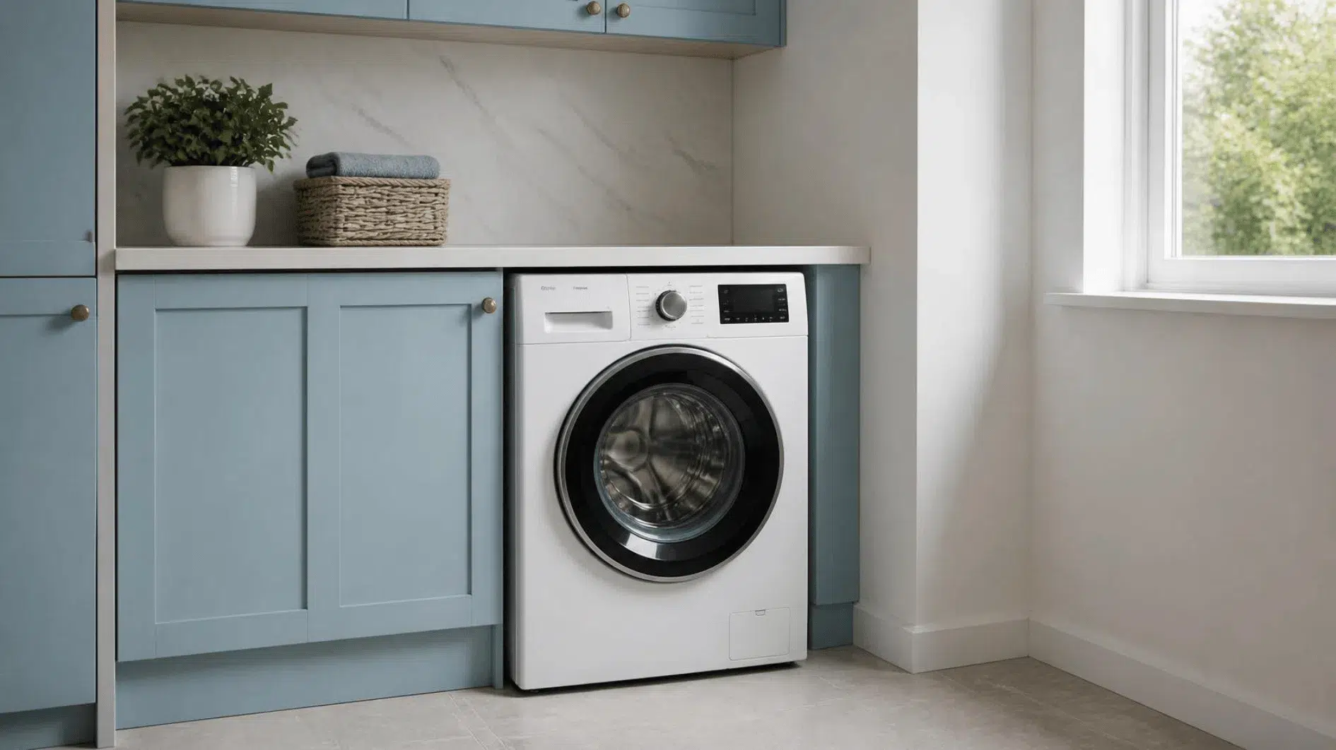 How to Reduce Noise at Home: Practical Ideas for Quieter Rooms 5 Front-loading washing machine installed on a level floor in a tidy British utility room