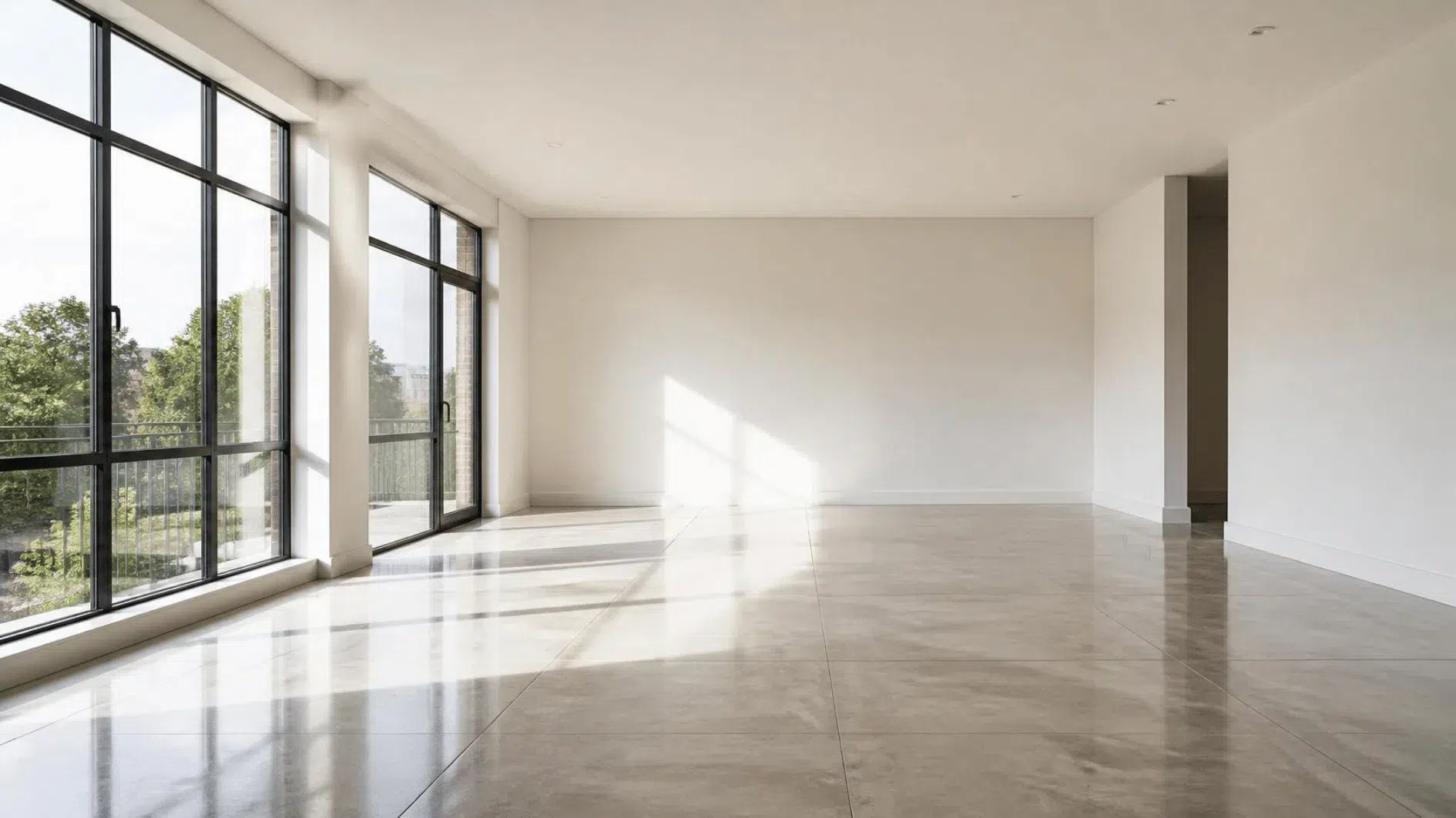 How to Reduce Noise at Home: Practical Ideas for Quieter Rooms 2 Bright British living room with hard flooring, plain walls and reflective window surfaces