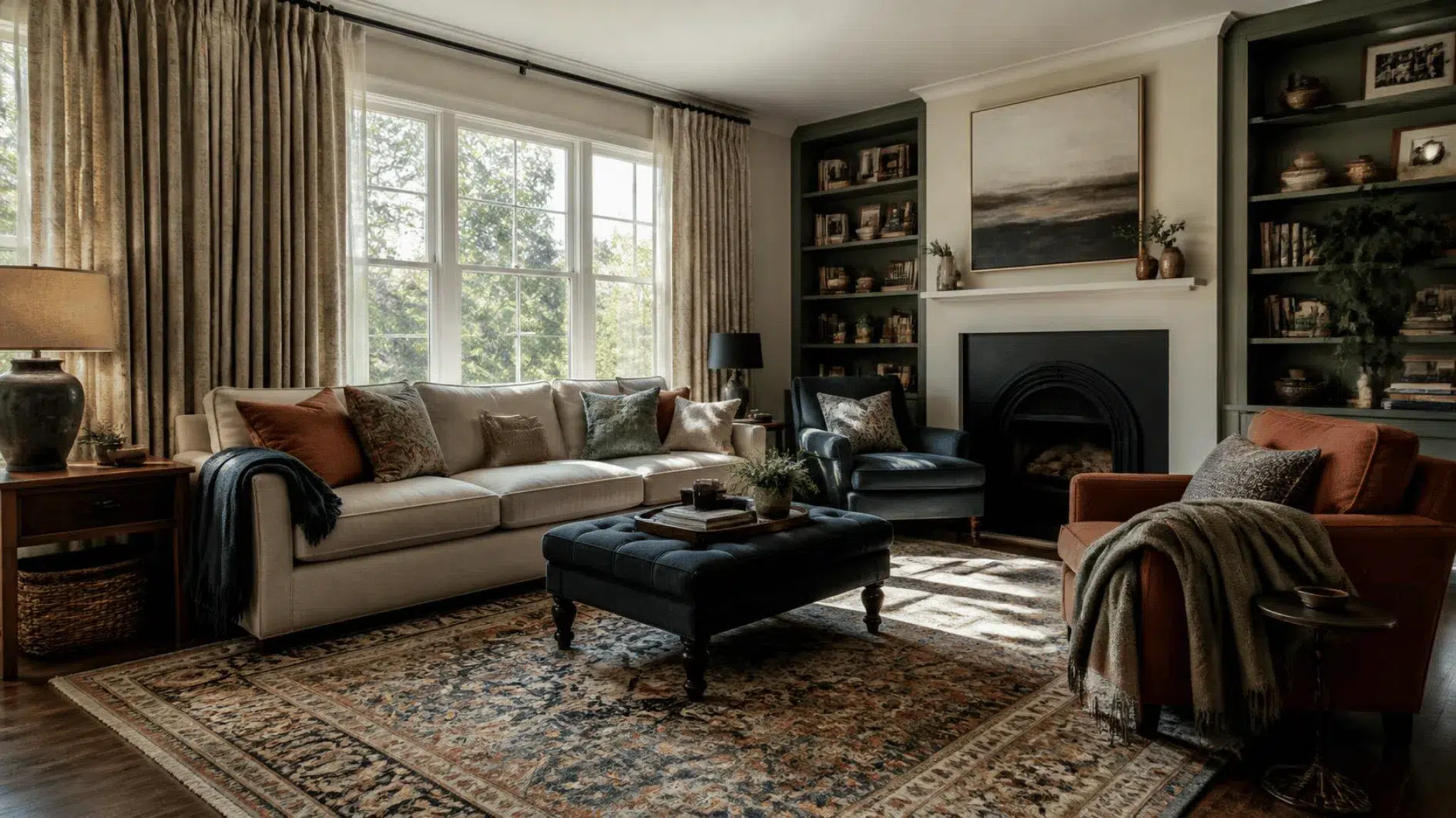 How to Reduce Noise at Home: Practical Ideas for Quieter Rooms 3 Soft furnishings including rug, curtains and upholstered sofa in a quiet British living room