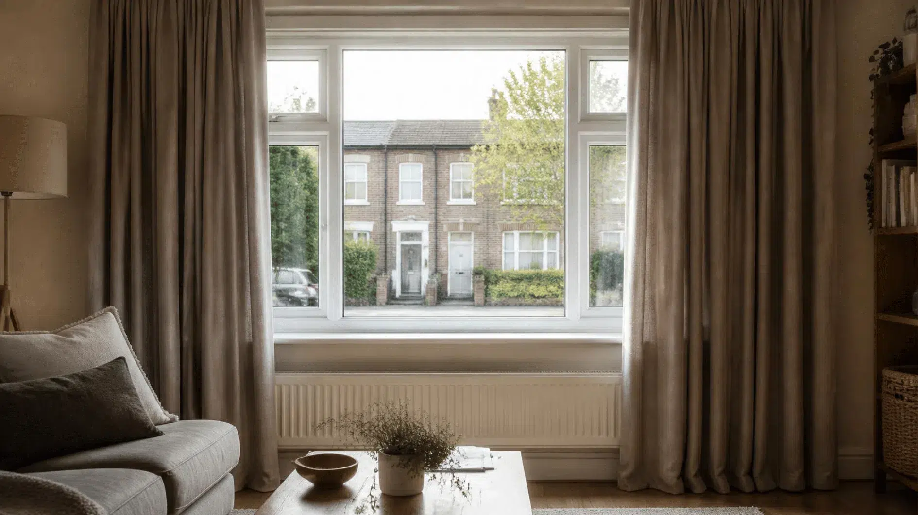 How to Reduce Noise at Home: Practical Ideas for Quieter Rooms 4 Substantial linen curtains beside British residential window in warm neutral sitting room