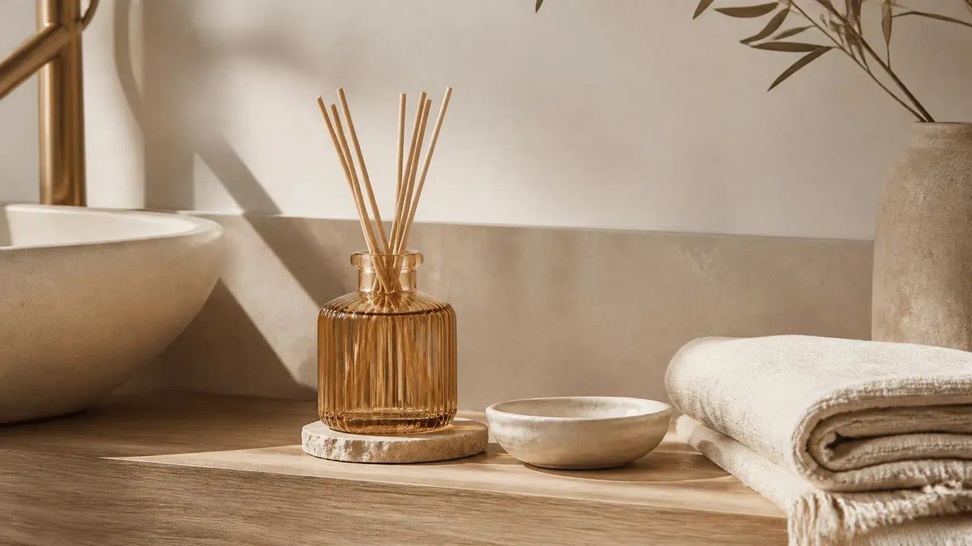 Amber glass reed diffuser with natural reeds on a stone coaster beside a basin and folded linen towel in a calm bathroom