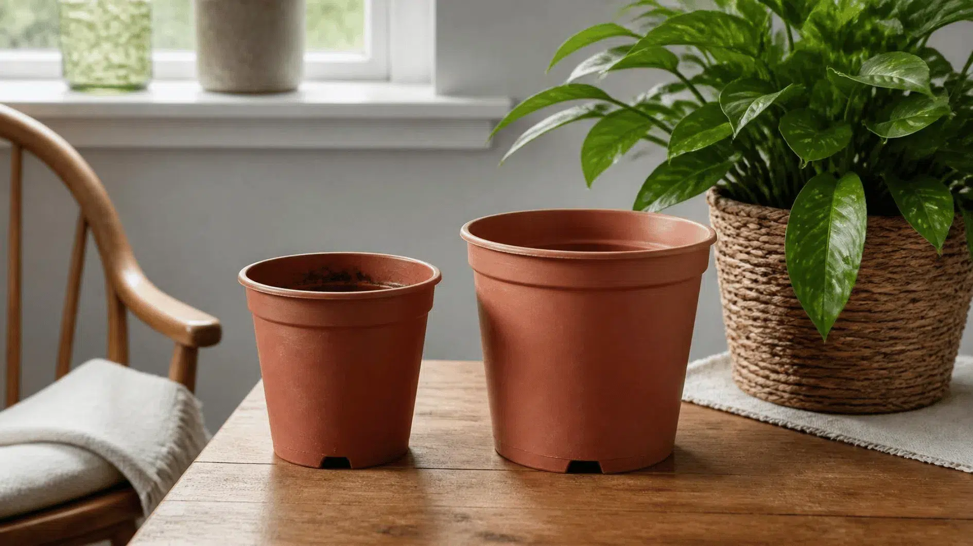 Repotting Houseplants: Pots, Compost and Root Checks 2 Small houseplant nursery pot beside a modestly larger replacement pot with drainage