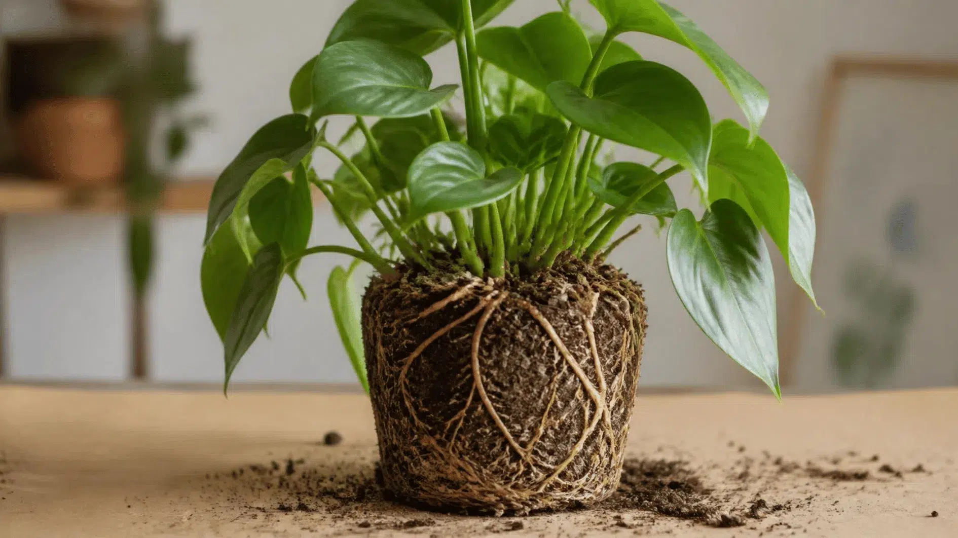 Repotting Houseplants: Pots, Compost and Root Checks 4 Healthy houseplant rootball gently lifted from a nursery pot showing roots and growing medium