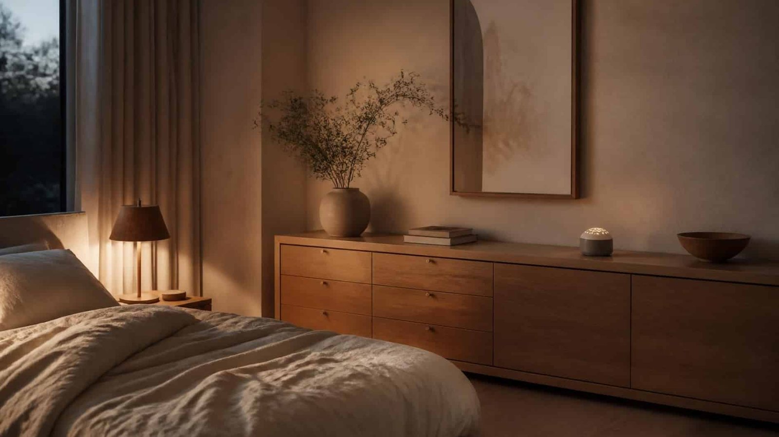 Small room diffuser placed away from the bedside breathing zone in a calm bedroom