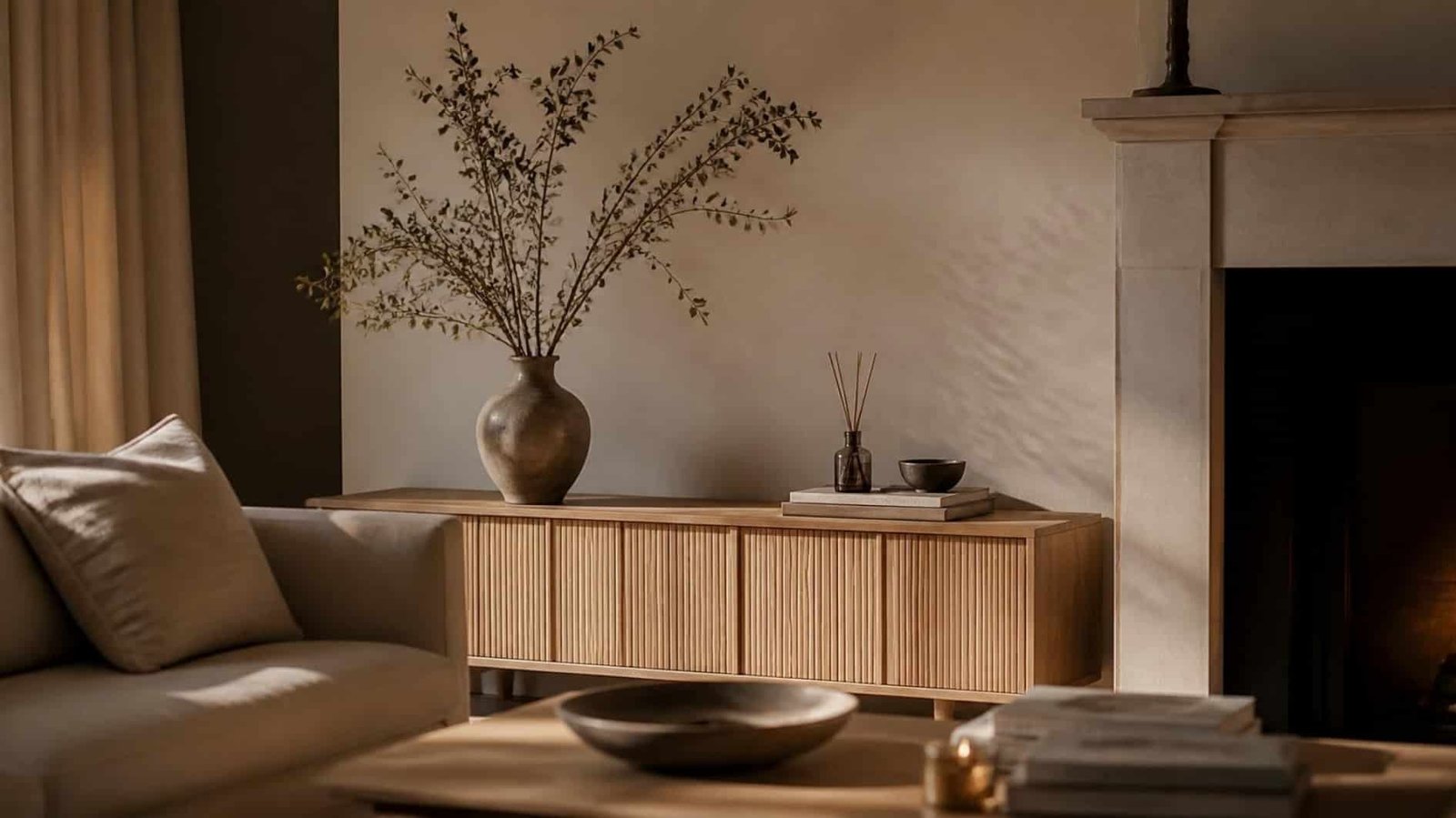 Room diffuser on a timber console in a refined living room