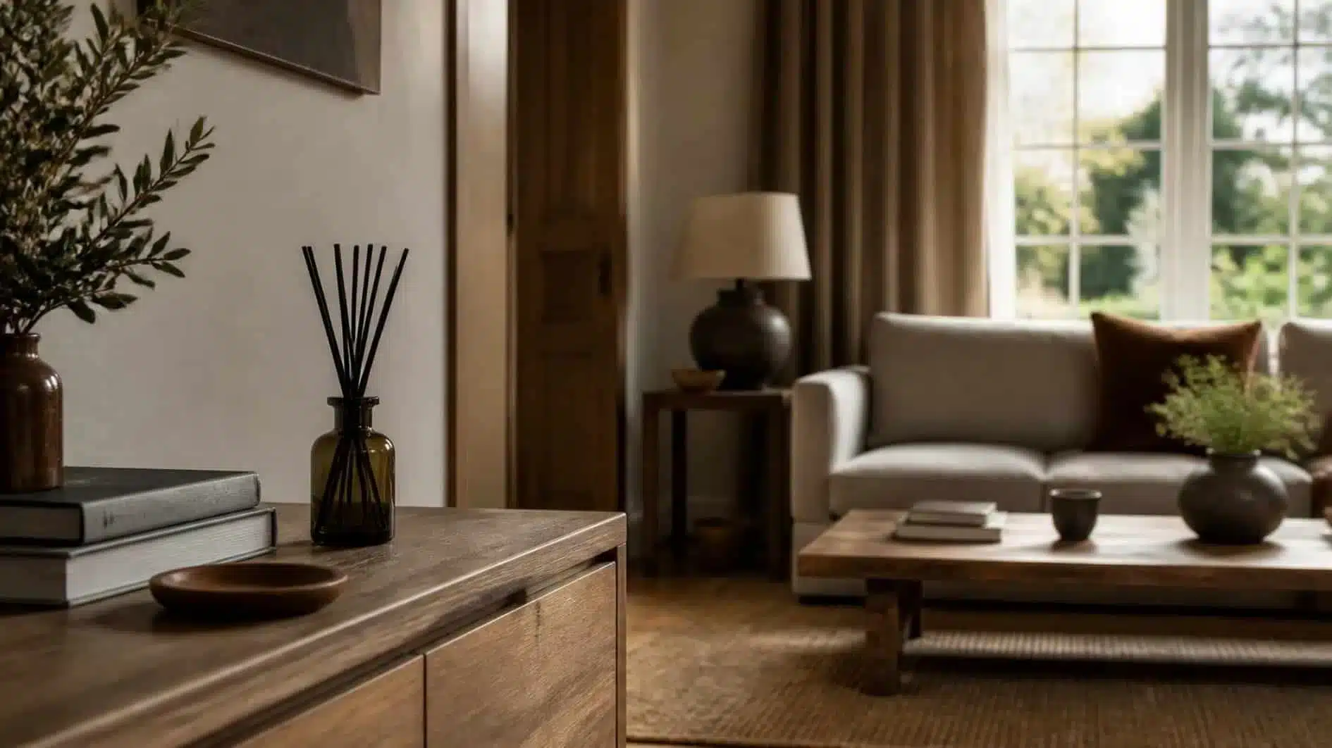 Room diffuser positioned away from the main sofa in a warm living room