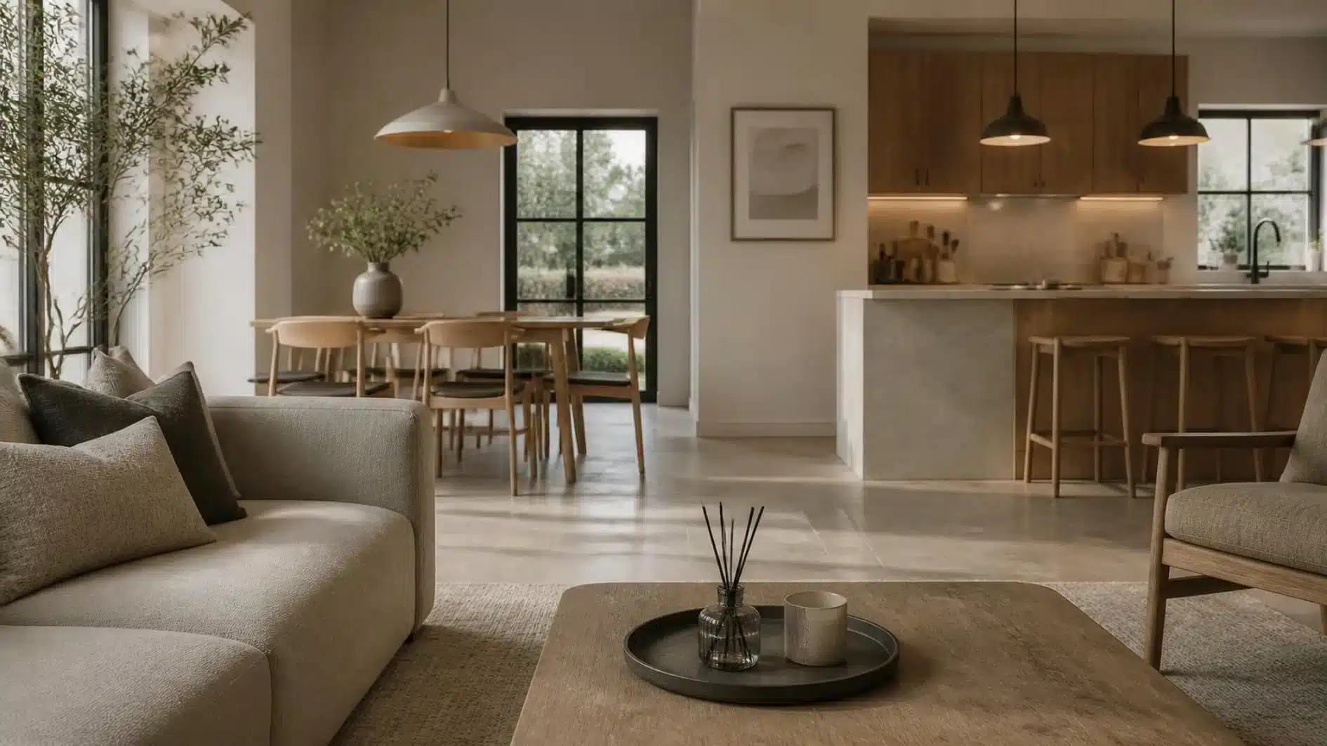 Room diffuser serving the seating zone in an open-plan living and dining space