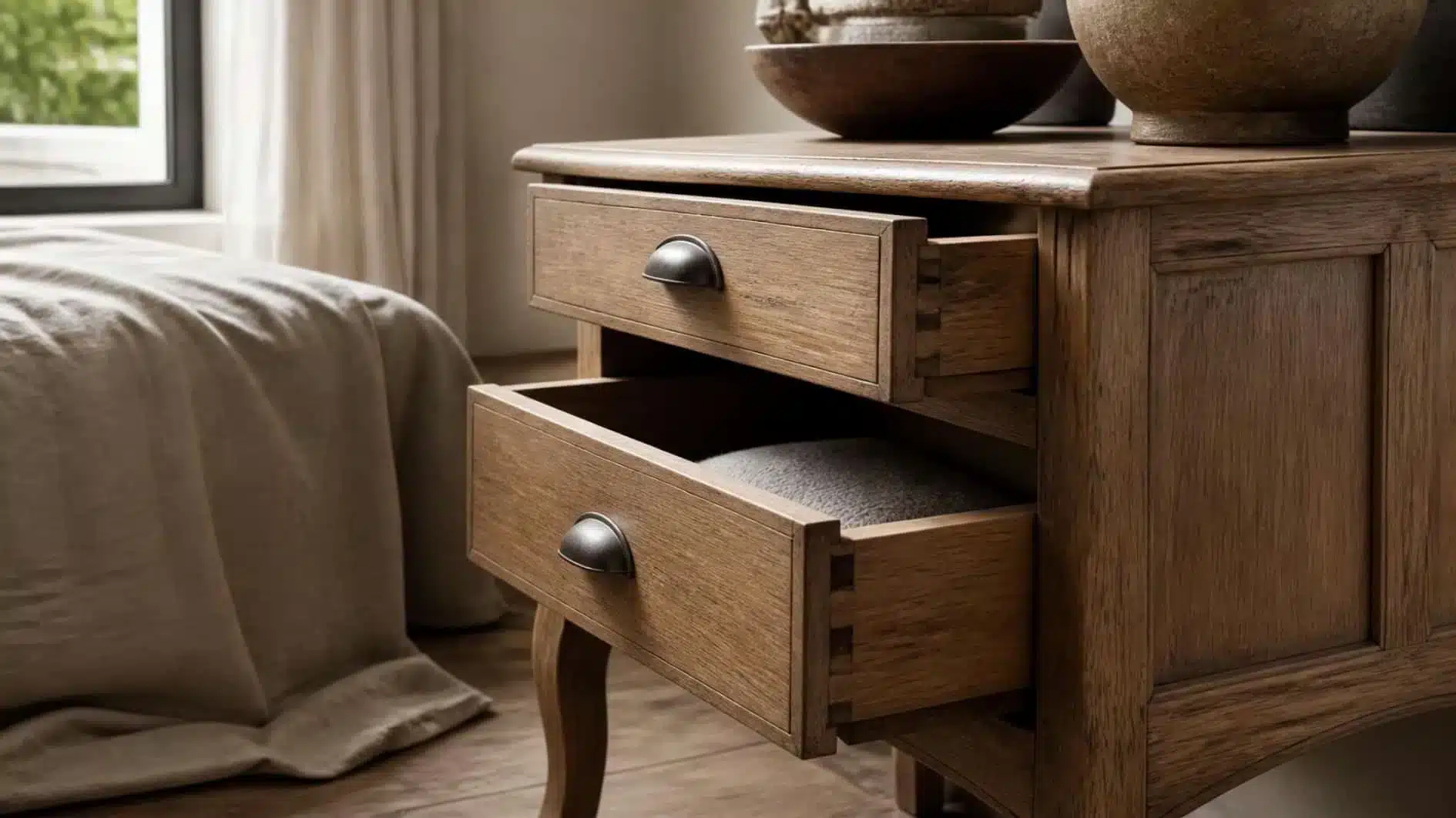Open drawers and hardware on a gently aged timber bedside table showing construction and condition