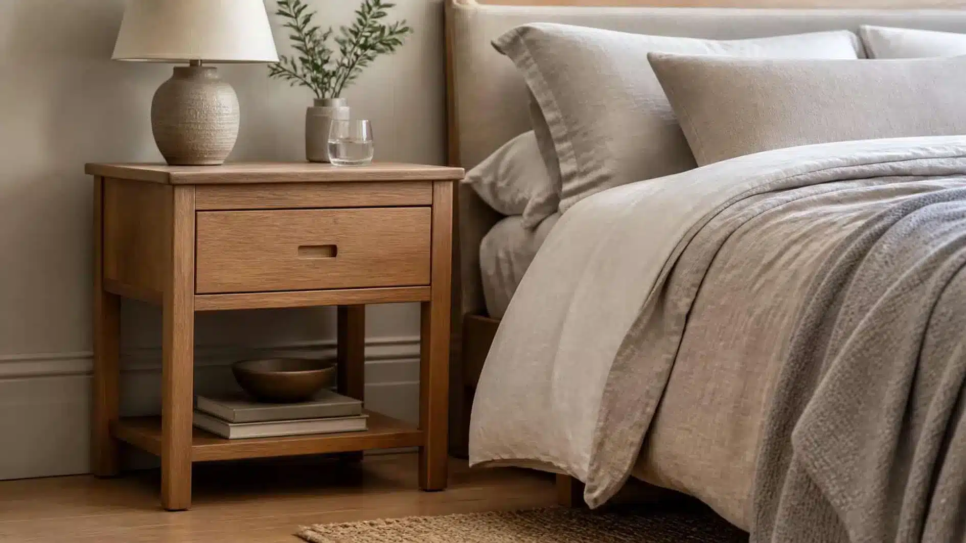 Second-hand bedside table positioned at a practical height beside the top of a mattress