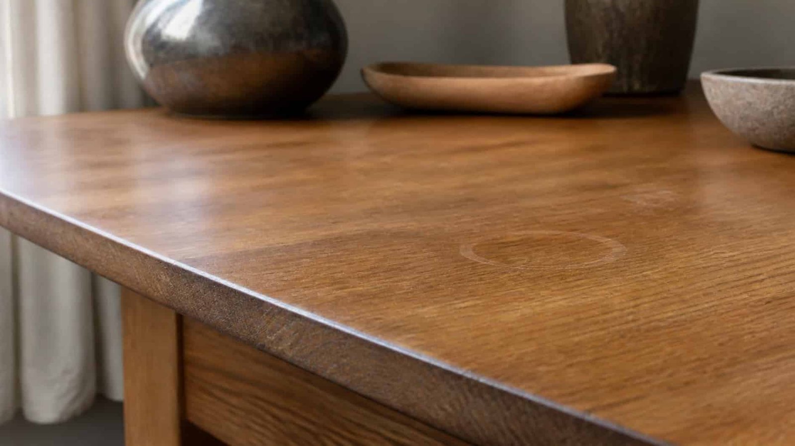 Second-hand bedside tabletop with a light water mark and visible veneer edge detail