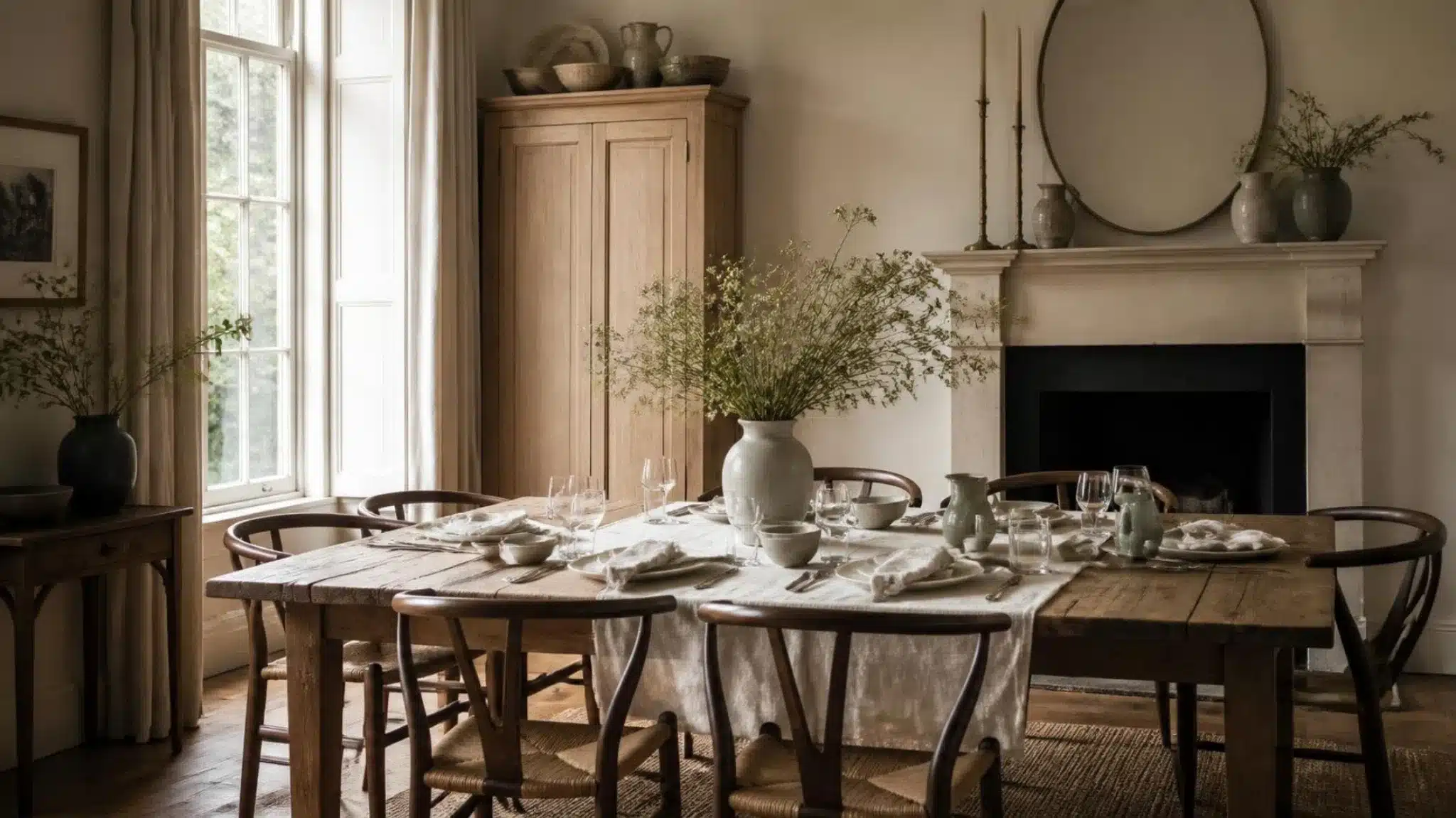 Second-hand timber dining table with understated chairs in a refined British dining room