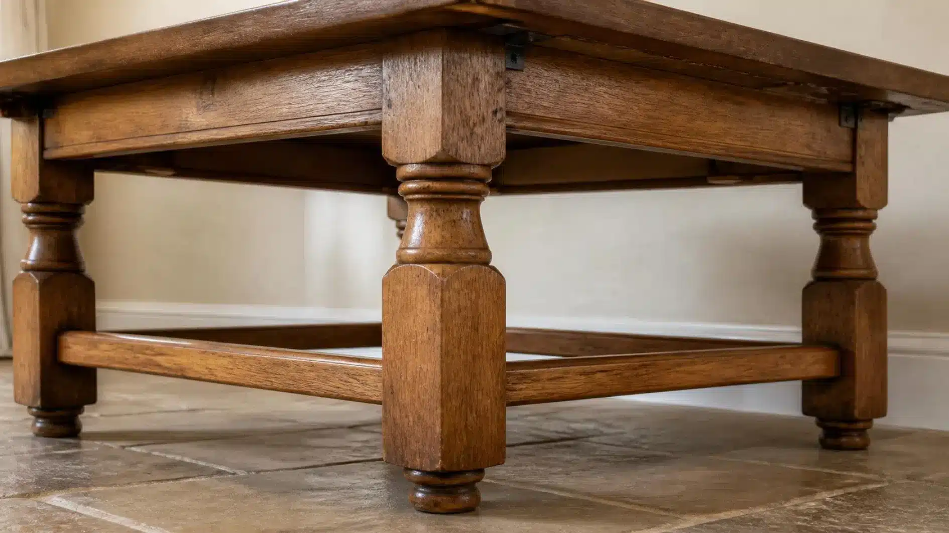 Underside of a second-hand timber dining table showing legs, rails, joints and fixings