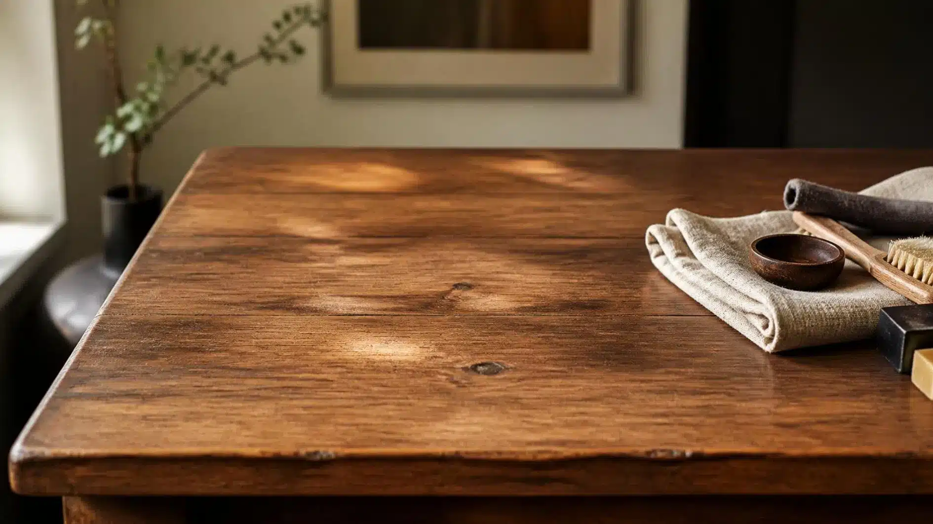 Second-hand timber dining tabletop with light scratches and simple restoration tools