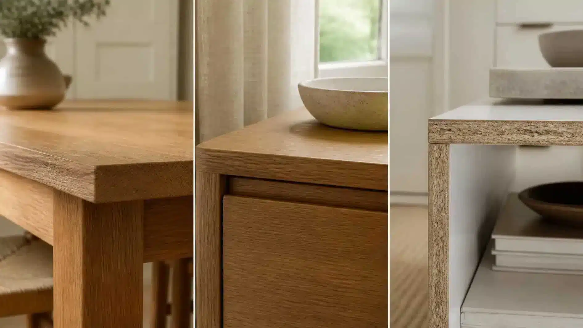 Second Hand Furniture: How to Buy Well and Avoid Common Mistakes 2 Solid timber, veneer and manufactured-board furniture surfaces shown for material comparison