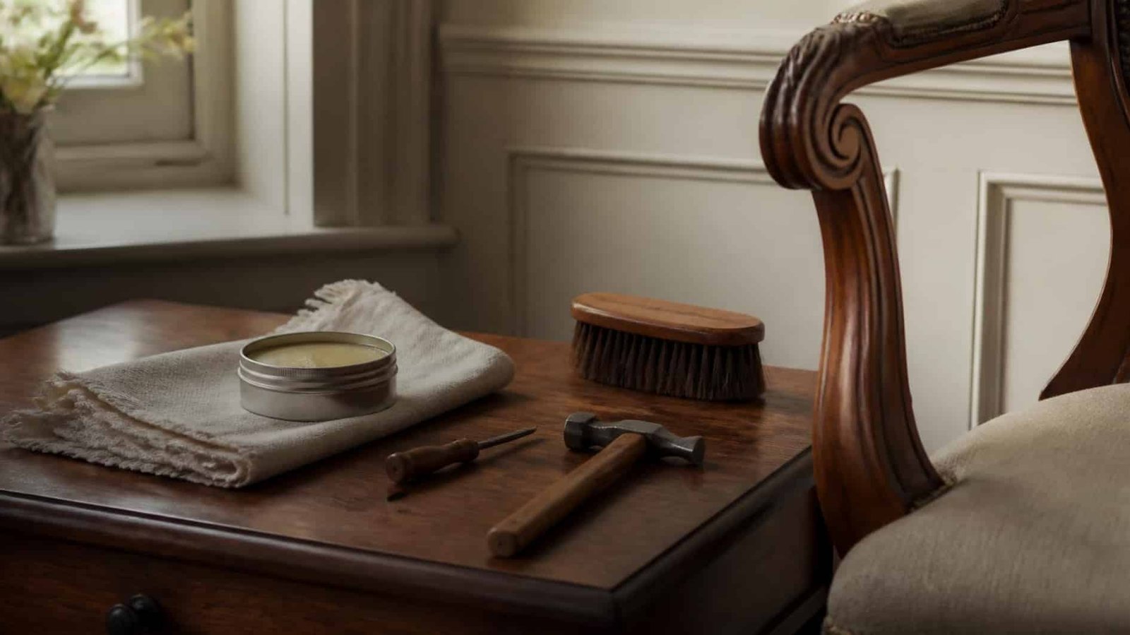 Second Hand Furniture: How to Buy Well and Avoid Common Mistakes 4 Second-hand timber furniture beside simple repair tools and cloth for careful restoration