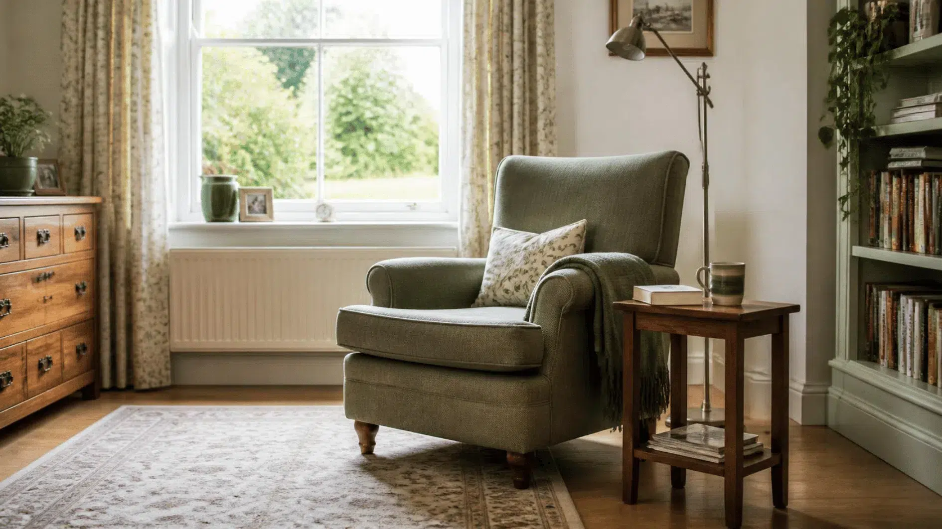 Sensory-Friendly Home: Ideas for Lighting, Sound and Layout 3 Quiet seating corner with comfortable armchair, oak side table and simple shelving