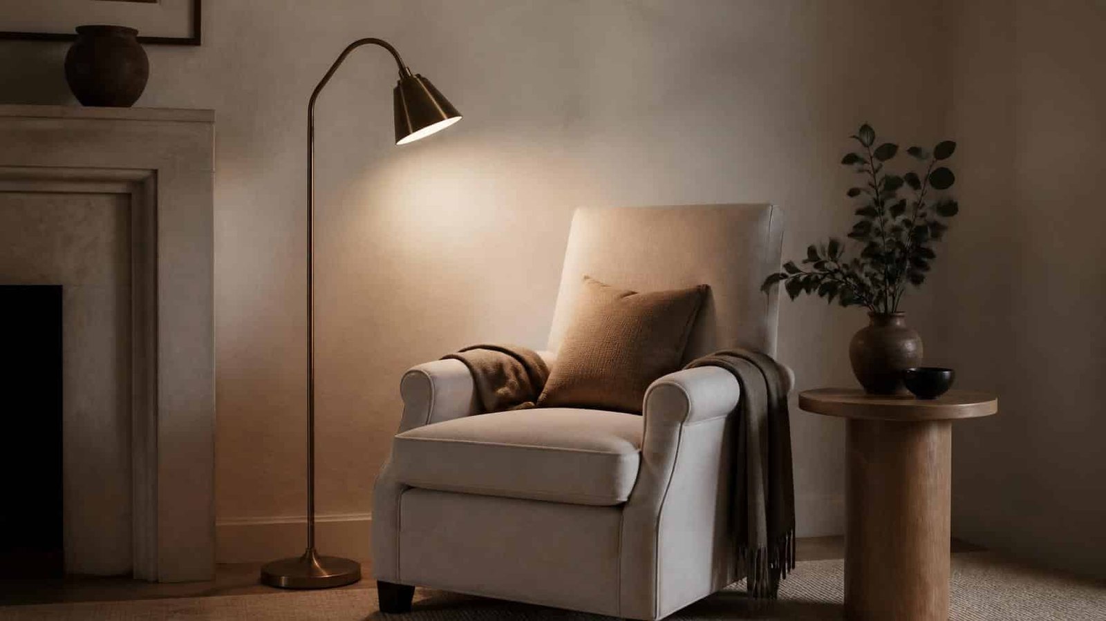 Floor lamp positioned beside a reading chair for focused task lighting