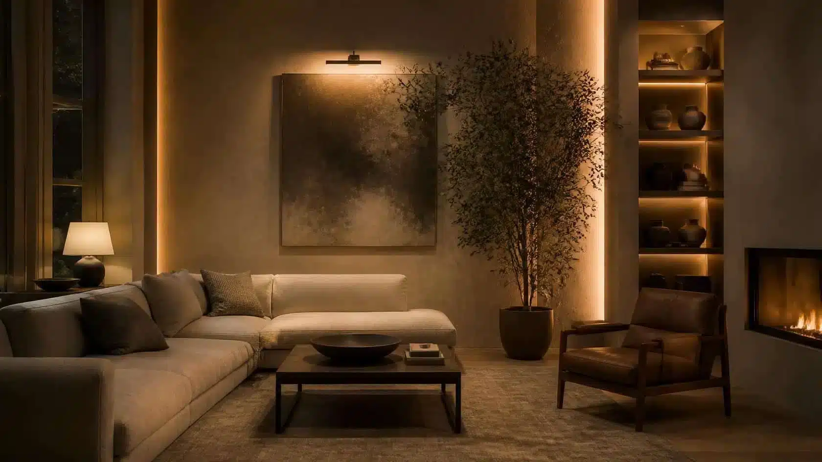 Warm wall lighting illuminating artwork and a textured plaster surface