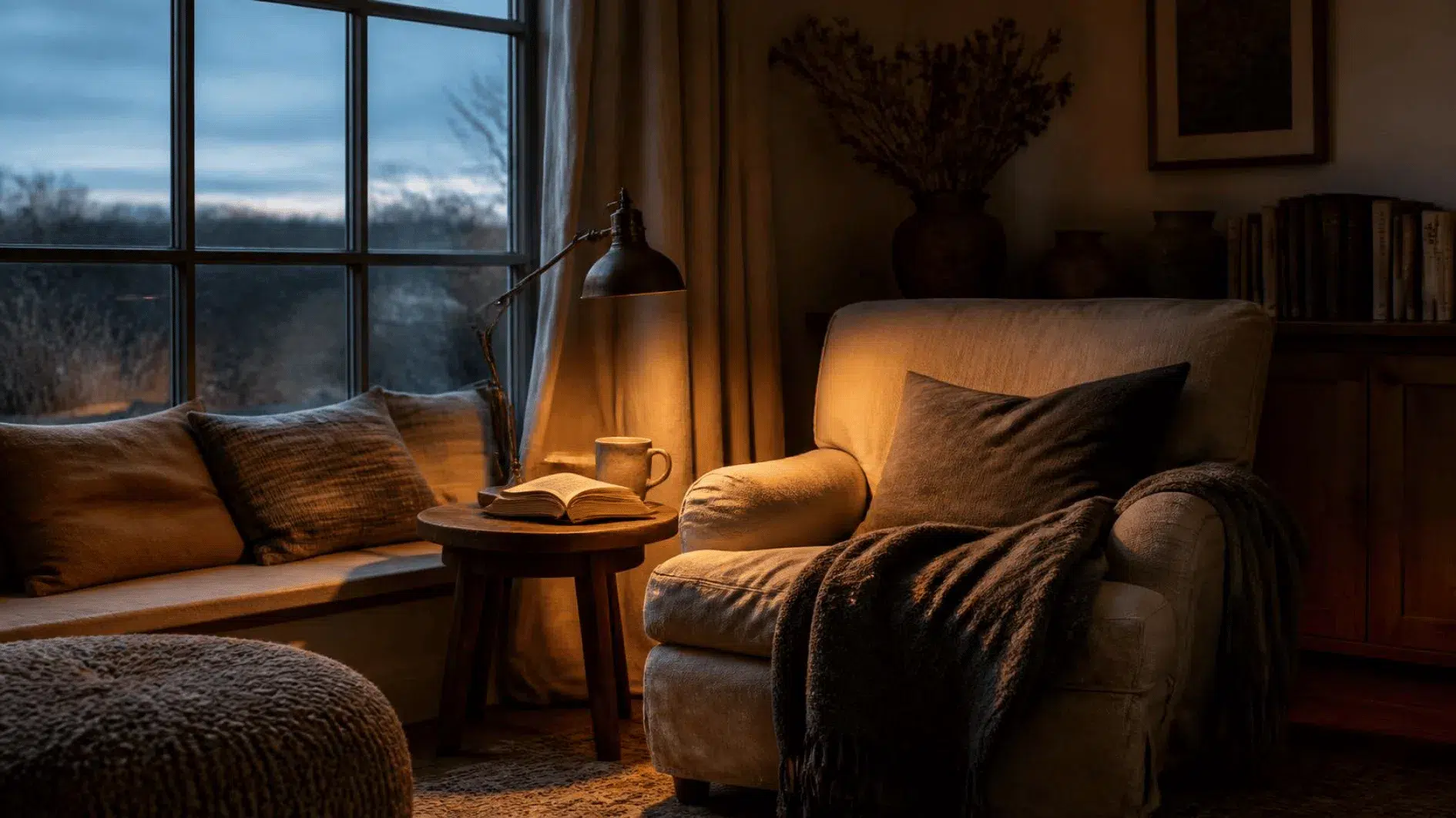 Cosy reading corner with a warmly lit table lamp, timber furniture and natural textiles at dusk