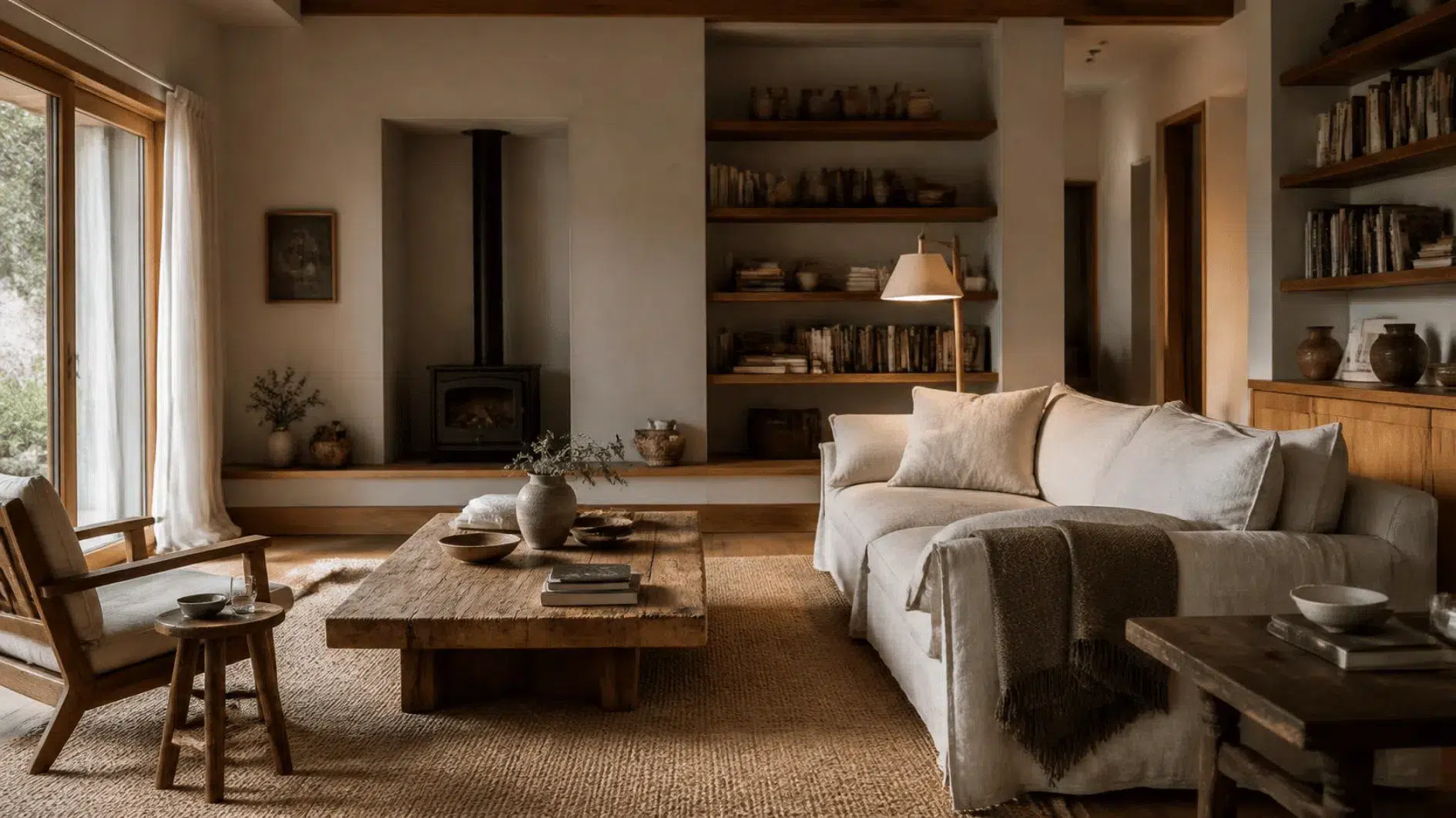Thoughtfully organised home with timber shelves, books, ceramics and practical storage