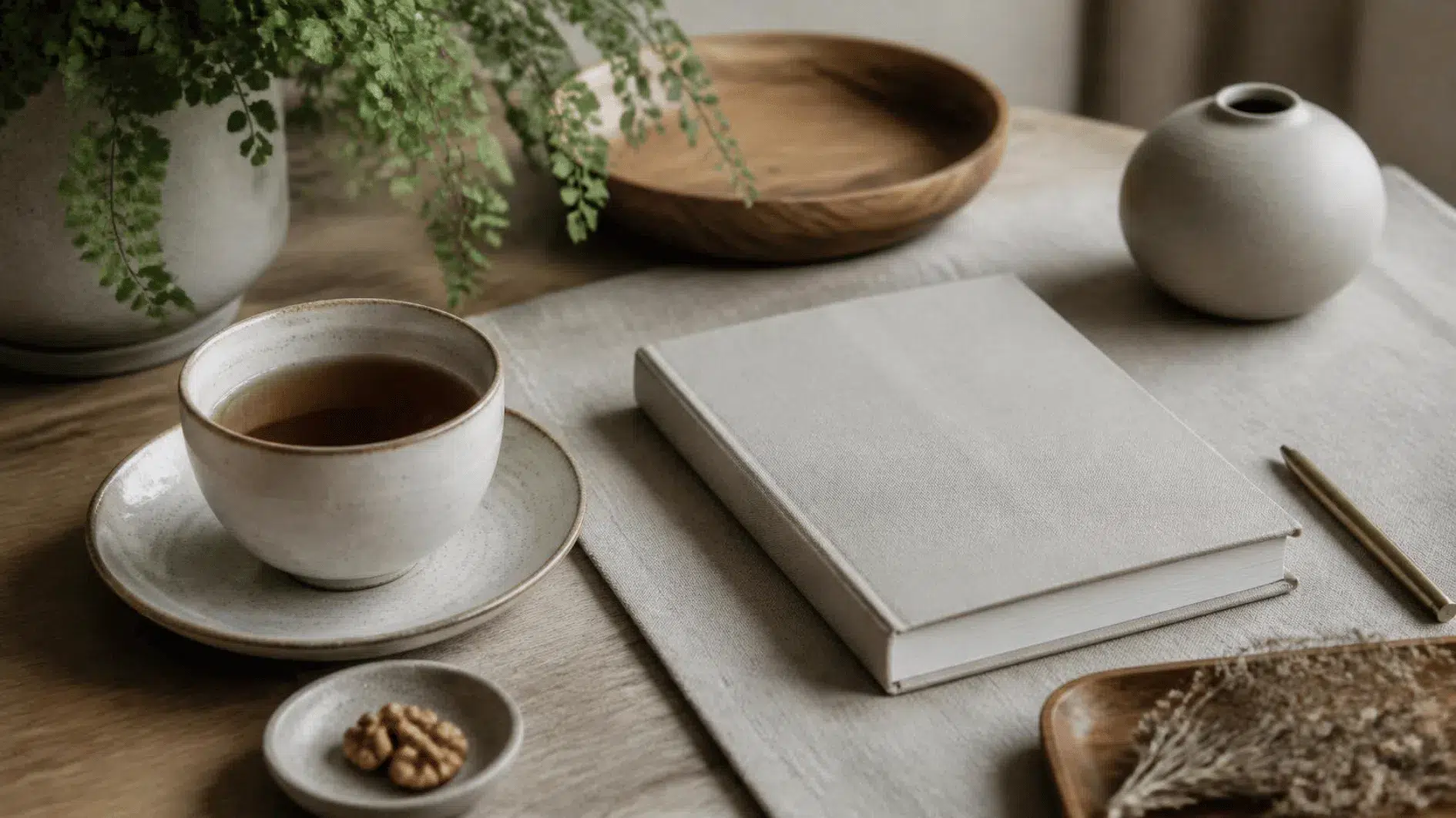 Ceramic tea cup, closed journal and a small houseplant on a natural tabletop