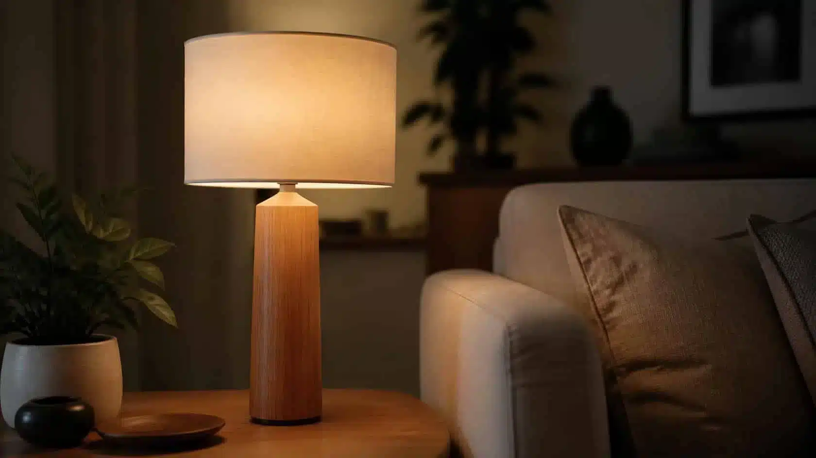 Smart table lamp dimmed to a softer evening brightness beside a sofa