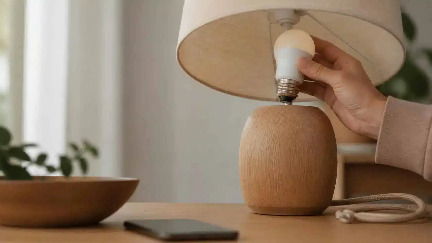 Smart LED bulb being set up in a table lamp with a nearby phone used only for configuration