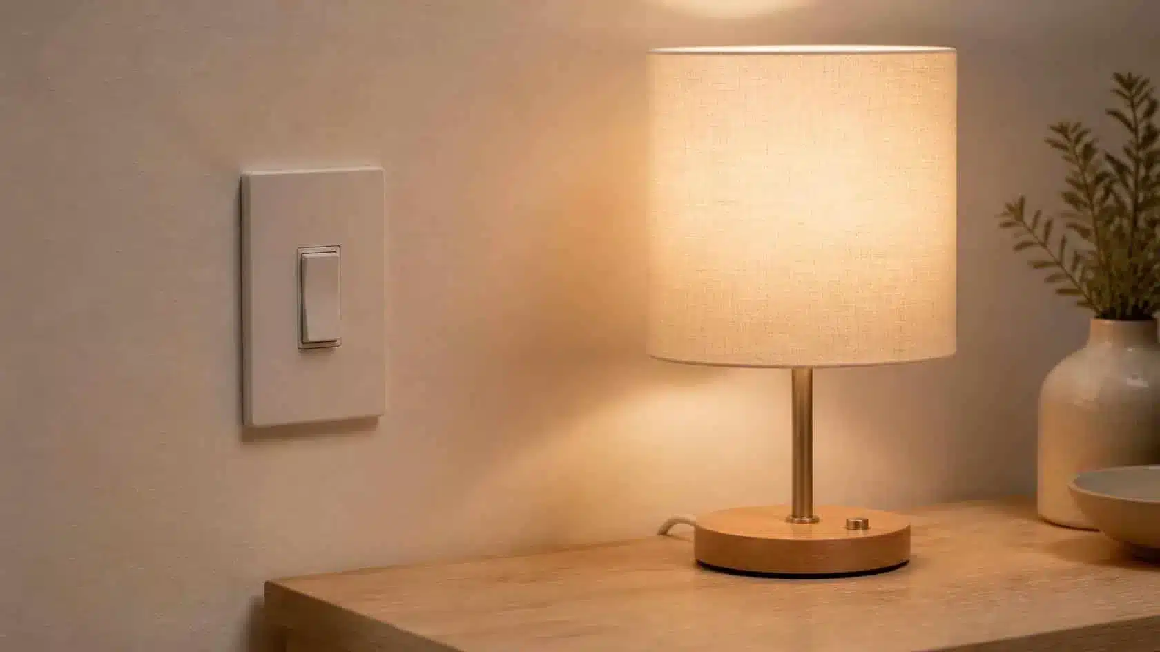 Wall switch left on while a nearby smart table lamp remains available for connected control