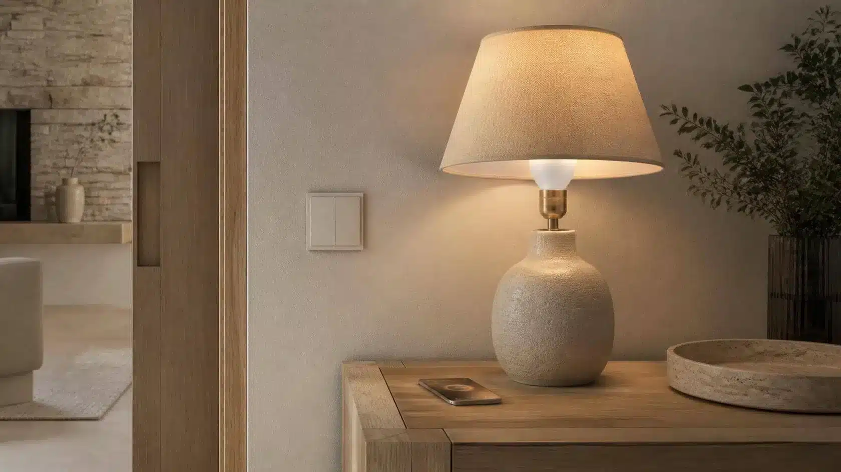 Smart bulb, wireless wall control and phone used as optional lighting controls in a calm home interior