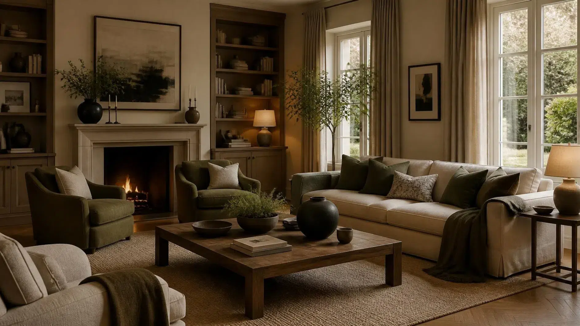 Refined British interior with timber, linen, ceramic, durable upholstery and layered lighting