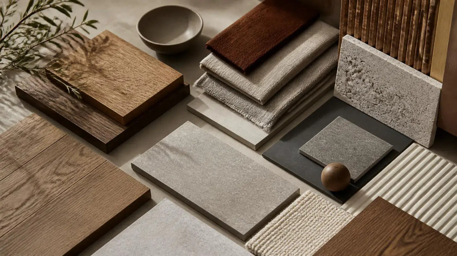 Timber, fabric, flooring, ceramic and finish samples arranged as an interior design material palette