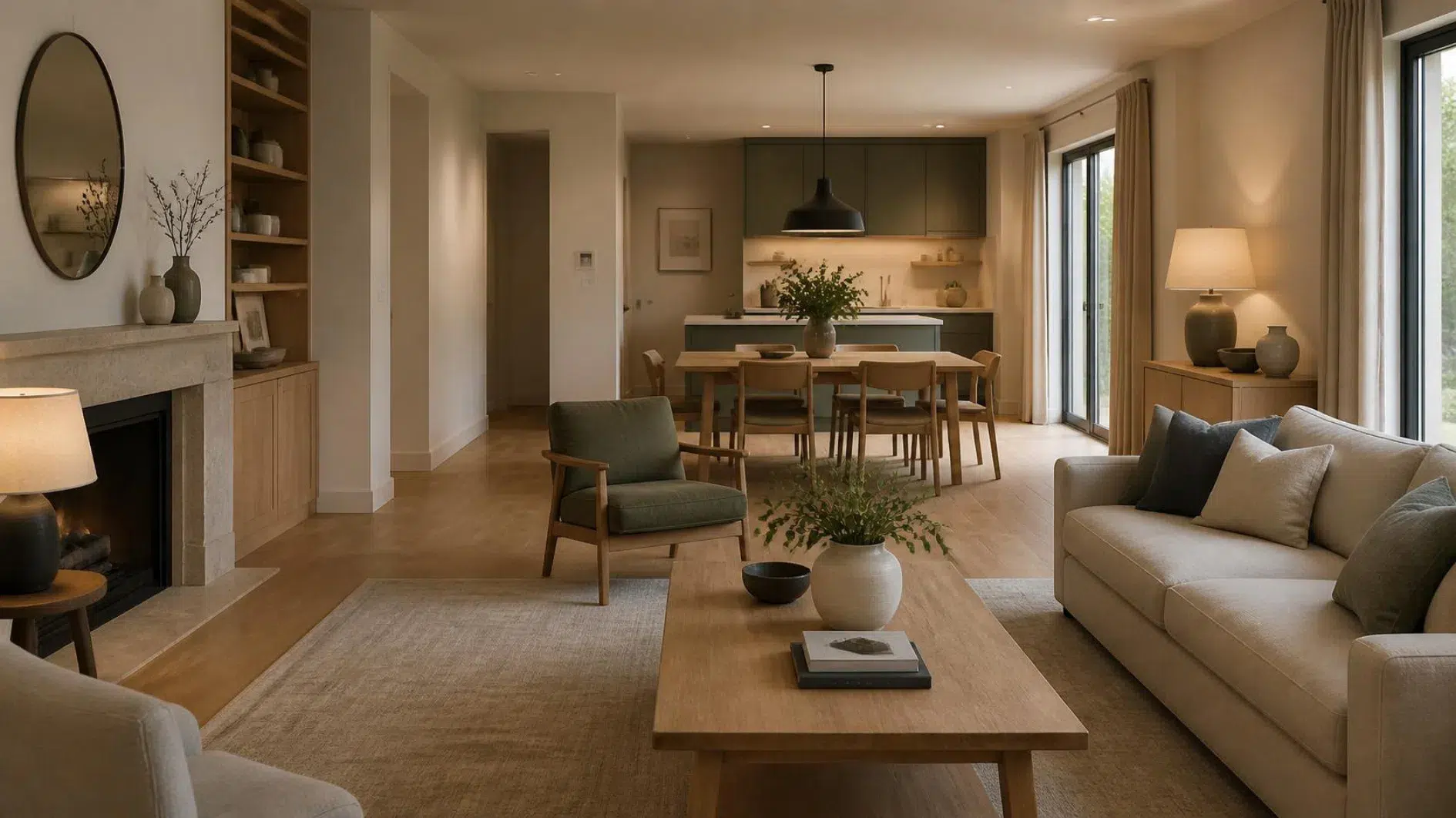 Flexible interior showing furniture placement, lighting and materials working together