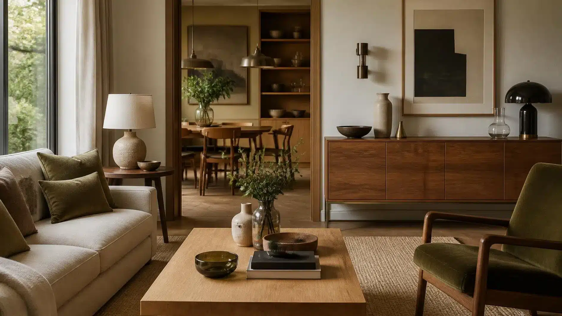 Timber, linen, ceramic, metal, glass and cork arranged in a refined British interior