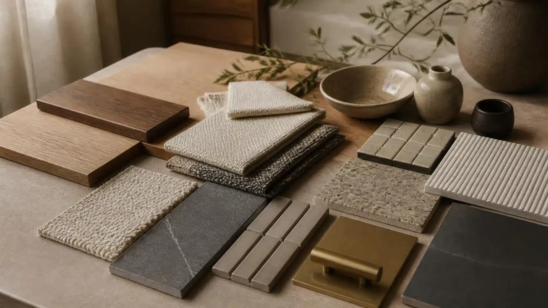 Timber, fabric, ceramic, metal and surface samples arranged for home material comparison